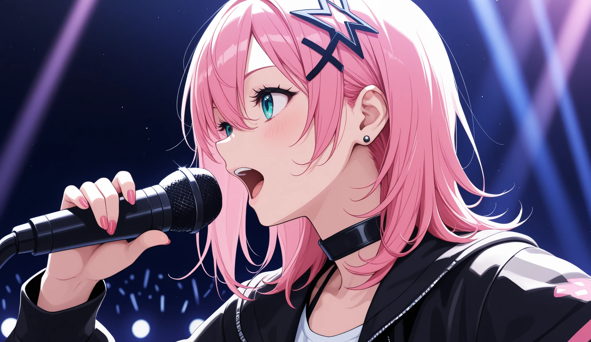 Rocker girl singing into a microphone