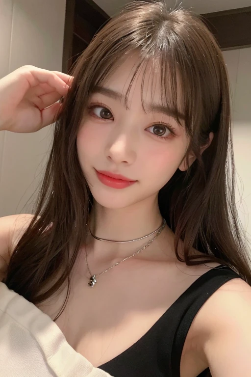 Highest quality, One Girl, (Beautiful girl, smile、Beautiful teeth alignment、Black Hair、、Short Haircut、Long sleeve blouse、ear piercing、necklace, , Face Focus、In the background is the entrance to the building