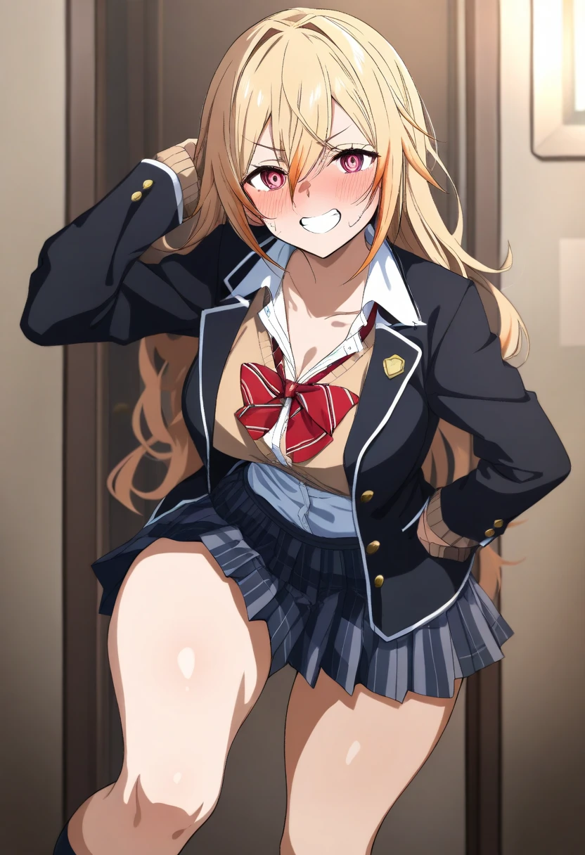 girl,kitagawa marin,smile,(blonde hair:1.2),solo,long hair,red eyes,jewelry,looking at viewer,earrings,ear piercing,blush,piercing,bangs,blurry background,multicolored hair,nail polish,sparkle,long fingernails,fingernails,pink nails,selfie,gyaru,fake nails,small_breasts,sleeves rolled up,barbell piercing,black necktie,gradient hair,teeth,lace choker,collarbone,pocket,blue necktie,reaching towards viewer,long sleeves,(Five fingers:1.5),(fingers of detail:1.5),victory,masterpiece, best quality, 1girl, solo, black tights, blond hair, blue eyes, standing, Looking at viewer, black competition swimsuit, in school pool side, black tights, black stockings,
