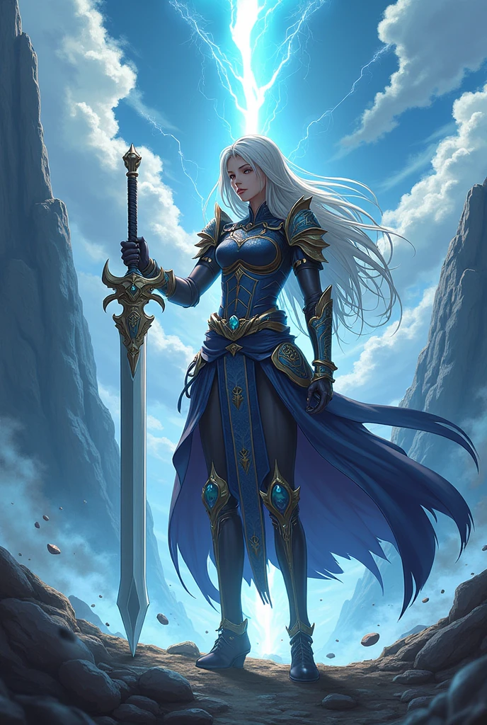 fantasy art, dnd art, RPG art, wide shot, (masterpiece: 1.4) a (portrait: 1.3) intense details, highly detailed, photorealistic, best quality, highres, portrait a vedalken female (fantasy art, Masterpiece, best quality: 1.3) ((blue skin: 1.5)), intense details facial details, exquisite beauty, (fantasy art, Masterpiece, best quality) cleric, (blue colored skin: 1.5) 1person blue_skin, blue skinned female, perfect_blue (white hair: 1.3), long hair, intense (green: 1.3) eye, fantasy art, Masterpiece, best quality) armed a fiery sword red fire, wearing heavy (white: 1.3) half plate mail armor, wearing high heeled laced boots, wearing an(orange :1.3) cloak, wearing glowing holy symbol GlowingRunes_yellow, within fantasy temple background, reflection light, high details, best quality, 16k, [ultra detailed], masterpiece, best quality, (extremely detailed), close up, ultra wide shot, photorealistic, RAW, fantasy art, dnd art, fantasy art, realistic art,((best quality)), ((masterpiece)), (detailed), perfect face, ((no ears: 1.6))