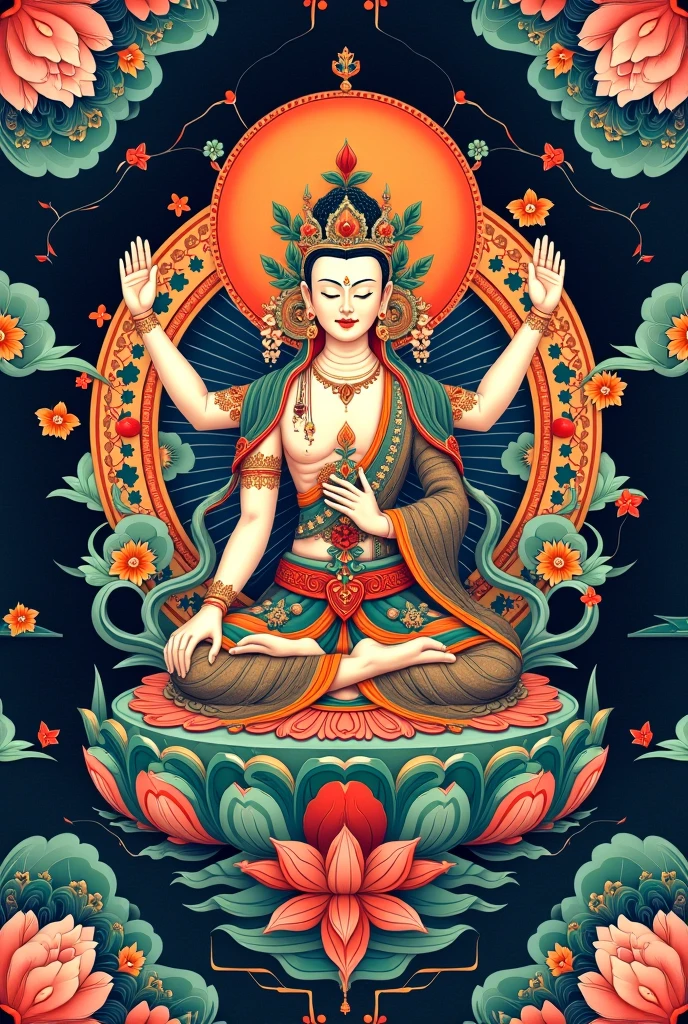 mural, Amitabha, Tibetan style, minimal art, flat color