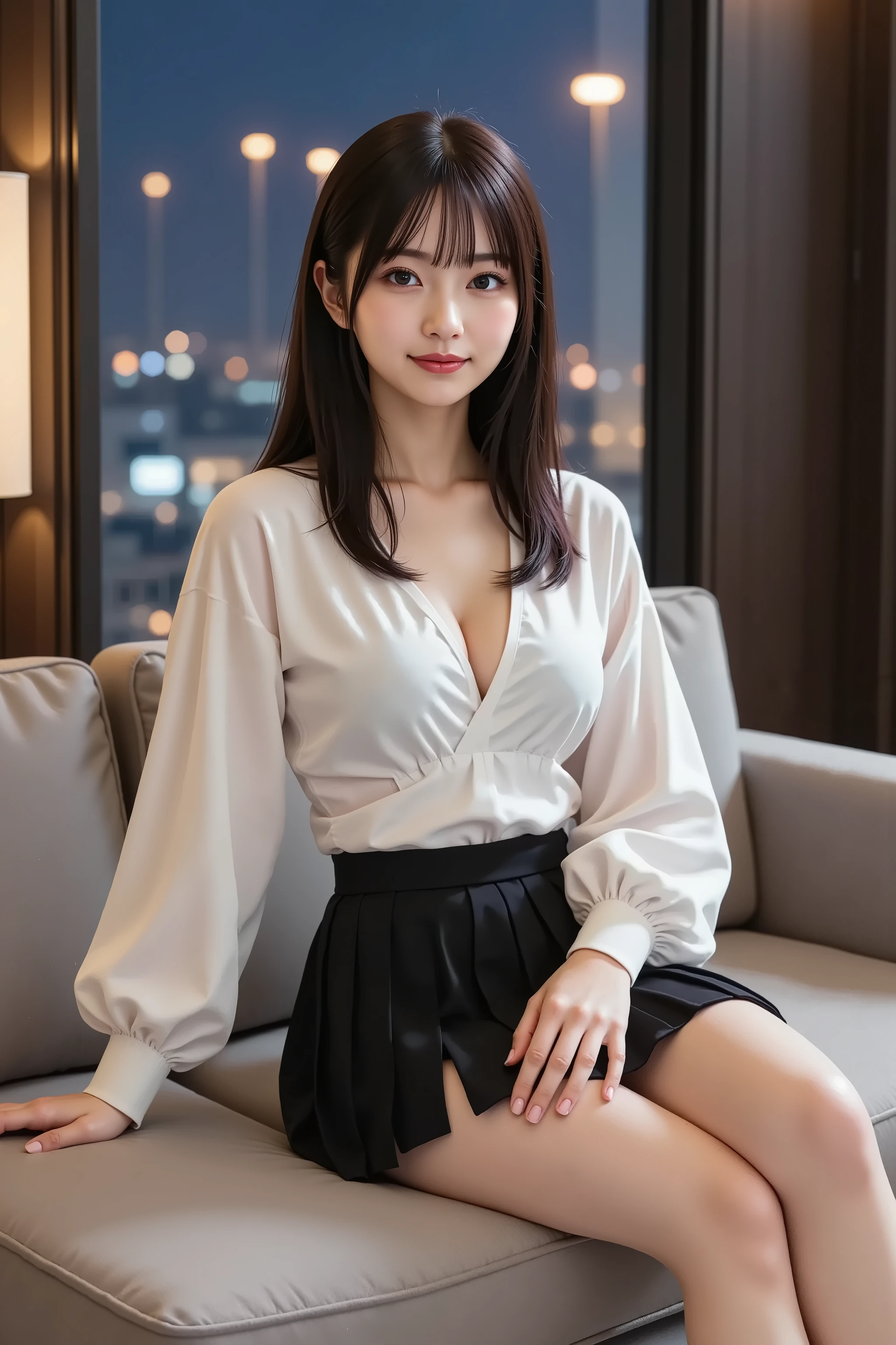 sakura, huge breast, Cleavage, ultra-realistic digital illustration of a slender young woman sitting on a modern sofa. She is shown in a medium-tight knee-up shot, from the top of her head to just above her knees, with her entire head and face fully visible and centered within the frame. She has long black hair, loosely tied, with strands hanging beside her face. She wears a white blouse with balloon sleeves and a black pleated mini skirt. The blouse has a loose fit with volume in the sleeves, and the skirt is high-waisted and short in length. Her shoulders and upper chest are covered. Her legs are bare from mid-thigh downward. One arm rests on the backrest of the sofa, and the other is placed near her lap. The sofa has simple cushions and a clean surface. The room is an office interior with dark walls and artificial lighting. Behind her, a large window shows a city nightscape with buildings, lights, and the sky outside. Reflections from the glass are visible on nearby surfaces. The lighting inside the room casts clear shadows and contrast on the figure and background. No shoes or socks are visible. No one else is in the scene. The image is focused and clear, and all elements are framed without cropping.