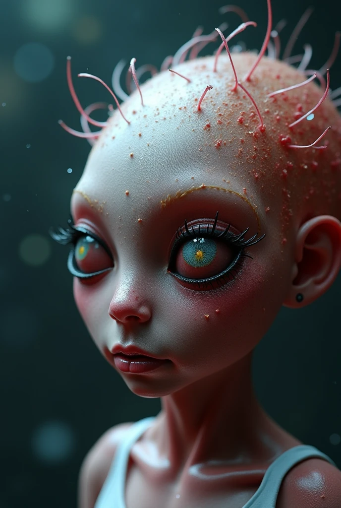 Person with 3 eyes, 2 eyes that are white or the third one I need to have 3 pupils or on different sides so it looks psychedelic style, naked, nipples, 