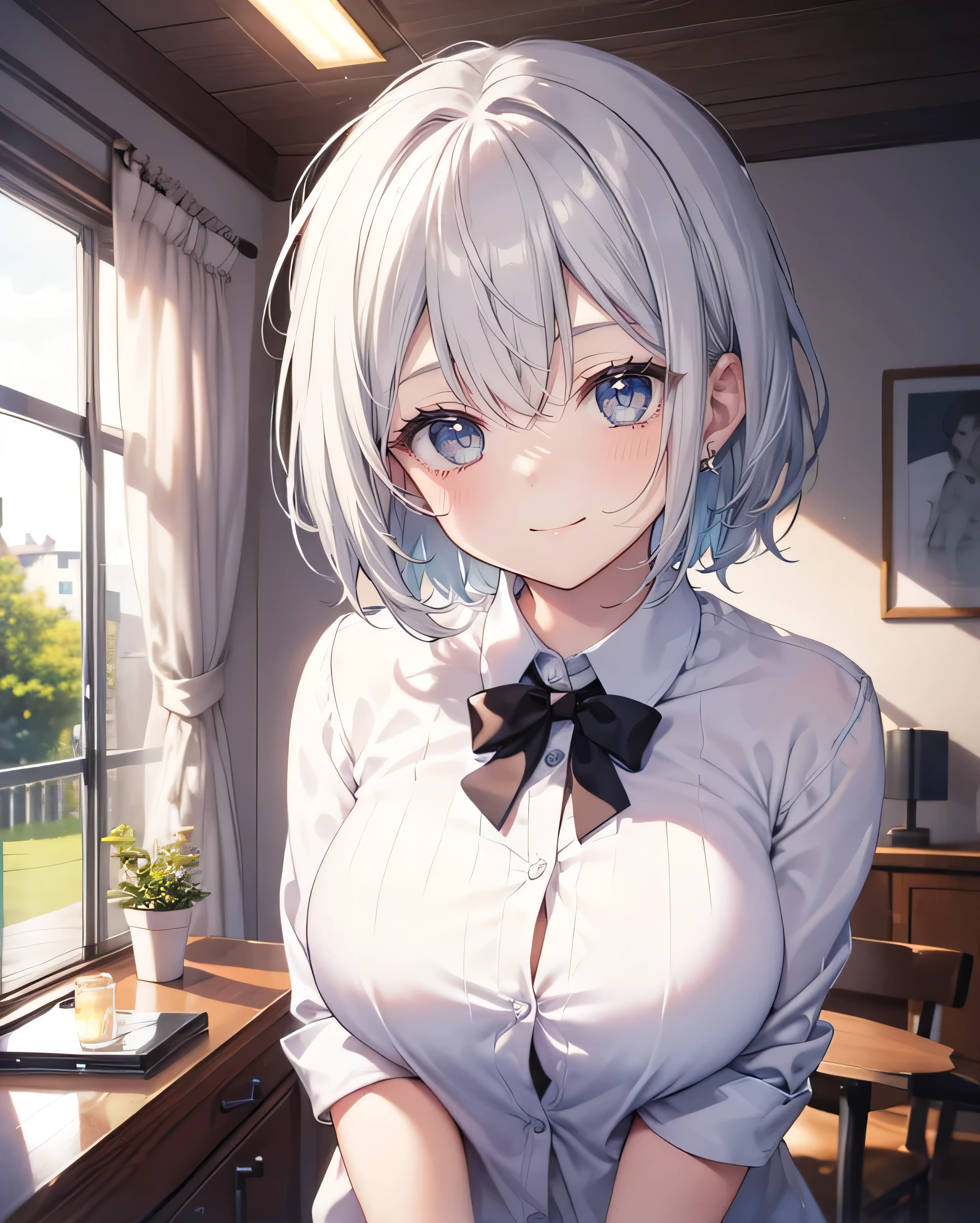 masterpiece,Top image quality,hight resolution,imagem 4k,Raw photo,Photorealsitic,{Solo},teens girl,silber hair,Bery short hair,stare at each other,Blue eyes,小柄,Silver fox ears,Fox tail,on the beds,shrine maiden,,boyish,,Wet、small tits,,an lingerie,a junior high school student,shirt,skirt by the