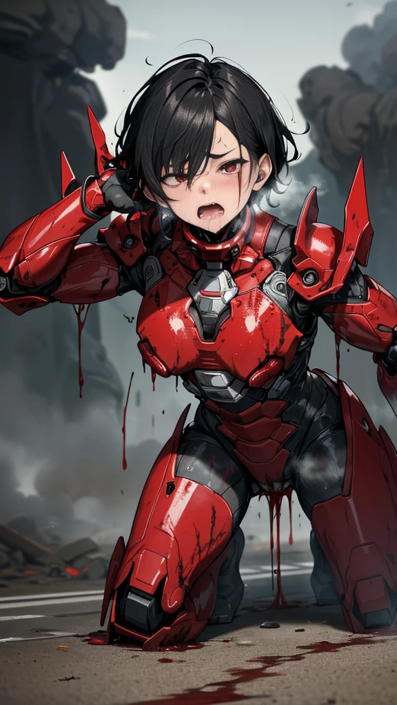Rough skin, Very detailed, Advanced Details, high quality, 最high quality, High resolution, 1080P 、Bleeding from the wound、Red Armor、Wearing red and black、cute((Severe damage to the entire body))(Wearing a damaged female robot suit...)(Red Armor)(Broken Armor)Black Hair、、Chiquita、Soaking wet、Open your mouth、Sweaty face、It hurts again、cute、knock down、 (Steam coming out of the face) ((Steam from the whole body)) Sit on a chair Touching the vagina Drooling look up suffering Filming location