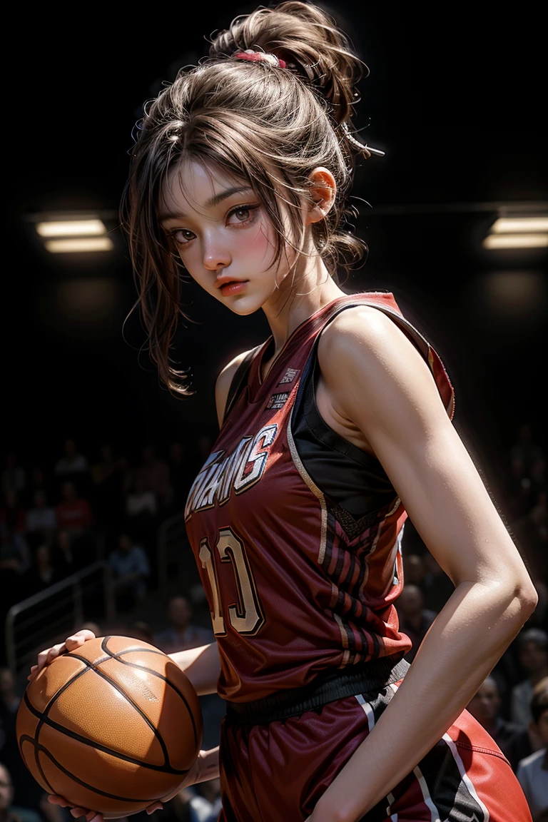 Masterpiece: 1.2, best quality), realistic, (real picture, rich details details, depth of field), (1girl, solo), makeup, cleft lip, high detail, perfect face shape, (small breasts: 1.4), (skindentation), thick thighs, Wide hips, thin waist, tall, coral, red lips, red eyes, ponytail, ((((Girl playing basketball, pink basketball suit, super short pants)))), (sweat: 1.2), (wet), sexy, blushing, sweaty