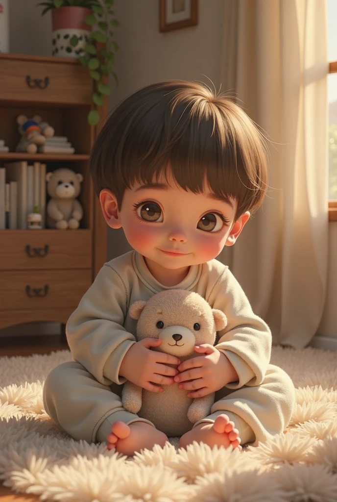 An incredibly sweet little boy lying in bed with his adorable teddy bear, com a luz das estrelas iluminando a janela do quarto. The illustration is in high definition in 4k resolution, com recursos faciais altamente detalhados e visuais em estilo cartoon.