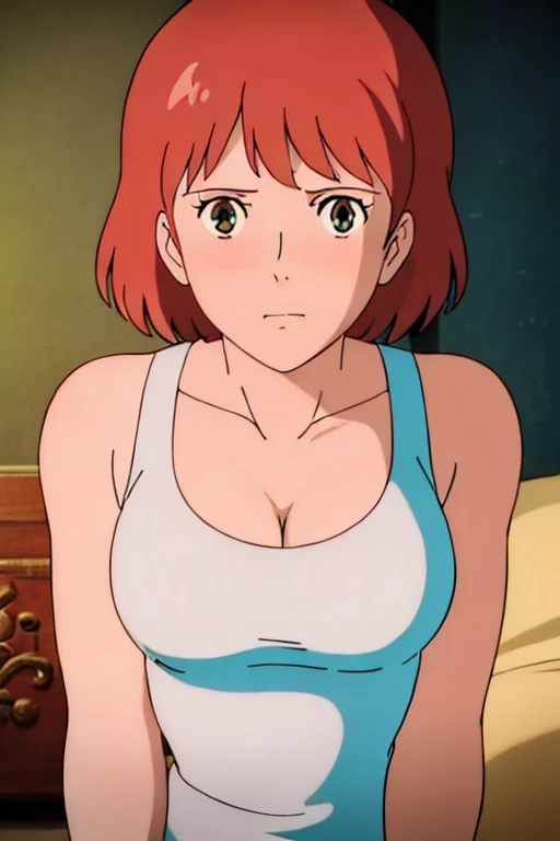 (masterpiece, best quality, high resolution, anime screencap, anime colored, 8k, photorealistic), Nausicaa, 1girl, solo, cute, blush, slim, brown hair, (looking at away, cleavage), upper body, large breasts, (white tanktop), sit, bed, (perfect detailed anatomy, beautiful face&eyes, beautiful skin, perfect body)