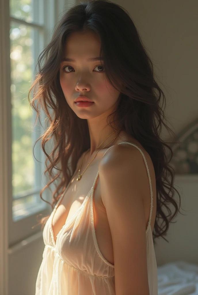 Dark brown hair、Light brown eyes、Japanese actress、 Lady、I am about 40 years old.....、(Intricate details:1.2)、(Which is more expensive?????:1.4)、 (Ultra-high resolution:1.2)、Ultra-high resolution、(fine adjustment)、(Detailed facial features)、Hmph、8k解像度、D cup size breasts、Long Hair、Large windows、Extravagant space、relax、、,Full body photo、Head to toe shot、Beautiful feet、Camisole dress、Beautiful feet、Airy, Sunny bedroom、On the bed、she, household items, (plant:0.8), Fashion Hub, Very detailedな, Very detailed, Realistic, Hourglass Shaped Body, Obscene pose,、、私 cry a lot、tears、person on the left、White wall、White floor、diagonally from below、please lift your chin、Press your butt against the wall、relaxした表情、Pose of Weakness、(auraroid photo:1.2)、From outside the window、Transparent painting、8k、32K、Highest quality、(Details of both eyes)、1 girl、elegant、(Loose dress :1.4)、sunset、sit、(Low - Angle、I looked up and saw this:1.2)、Hilarious、Leaning against a wall、Looking into the camera、