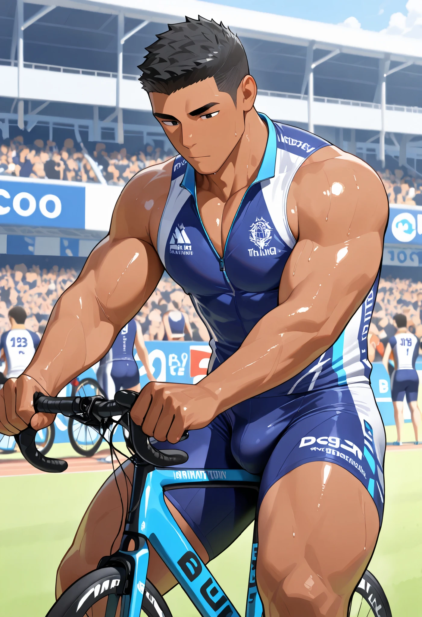 Solo male, handsome, muscular, tanned skin, black hair , Blusher, black eyes, Crew cut, track cyclist, on the track, tight cycling singlets, stand holding the cycle, ereceted under clothes, thick thighs, be celebrated by the crowd, very, masterpiece, outside, VERY DETAILED ,  Exquisite details, detailed background 
