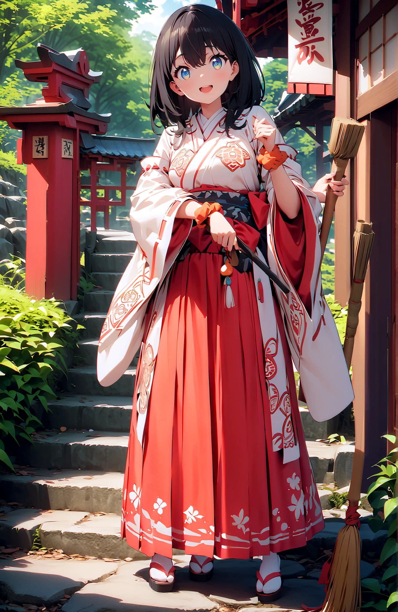score_9, score_8_up, score_7_up, source_anime, It's because of Rikkata, black hair with a young pattern, blue eyes, MEDIUM HAIR, orange scrunch, scrunchie, Wrist Scrunches , smile,cover,Open Your Mouth,Orange wrist scrunch, Shrine maiden, kimono, object, Red Hakama Skirt , Wide Sleeves, long sleeve, ribbon trim sleeve,Sandals, white socks,holding a broom grip with both hands,cleaning, standing on a stone staircase,noon,full bodyがillustrationsに入るように,break outdoors, shrine,
break looking at viewer,full body,
break (masterpiece:1.2), Best Quality, high resolution, Unity 8k 壁紙, (illustrations:0.8), (beautiful detailed eyes:1.6), very detailed face, so that it fits into the illustration, Extremely Detailed CG, (perfect hand, perfect anatomy),