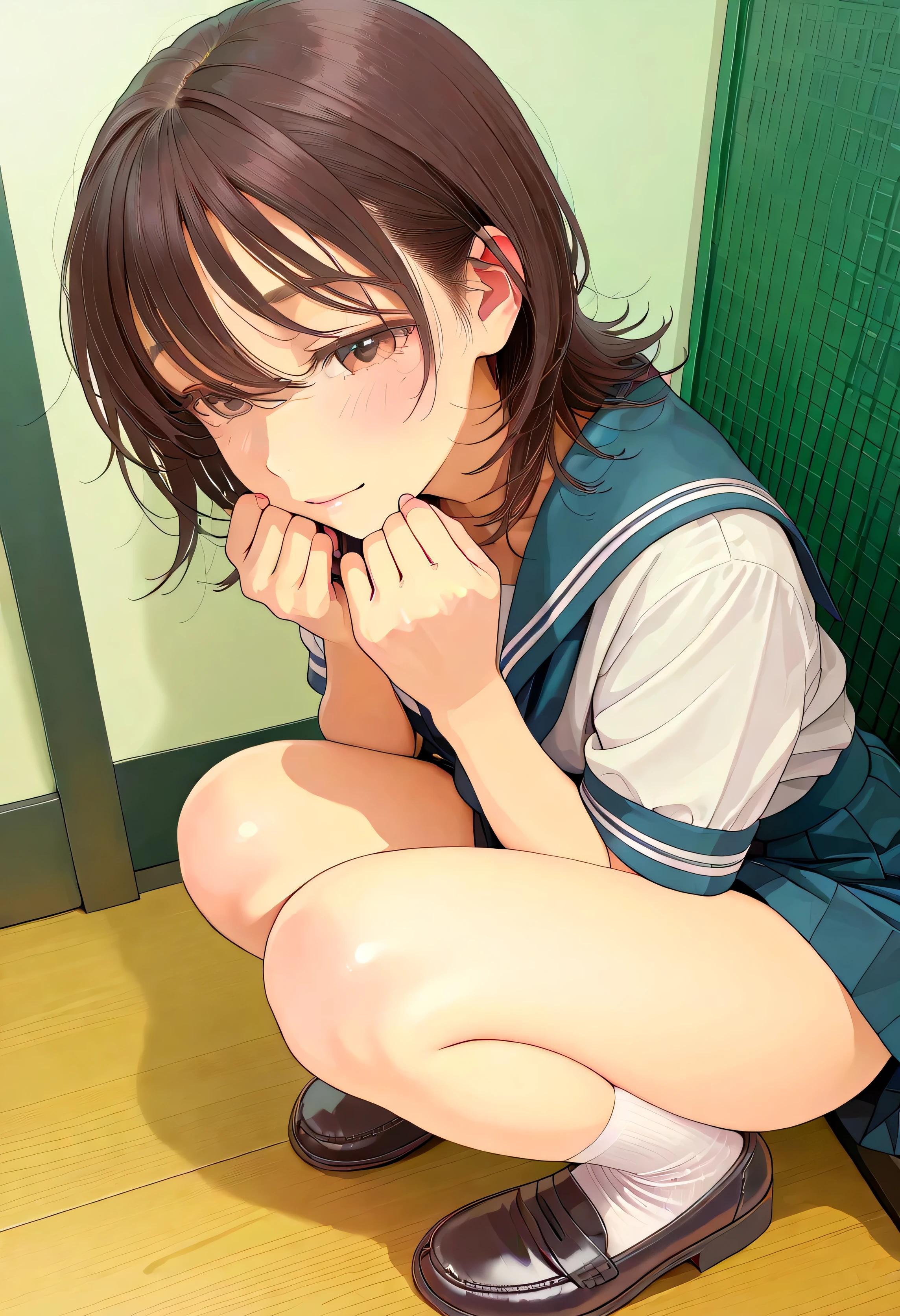 (ultra detail、Masterpiece、Best Quality、high resolution:1.8)、high image quality、Best Quality、High definition picture quality 、one girl、summer、Outdoors、(Out立っている smile、open your mouth, laughs:1.2)、(curvy body:1.2)、black hair mixed with blond、short hair(neckline、Long pile )、unbelievably big huge breasts、sweats、 from yubi、black bra、Black Panties、navy blue sailor suit(Short sleeve、Can you see through bras due to sweat、 skirt long)、white high socks、 coin loafers 、pose