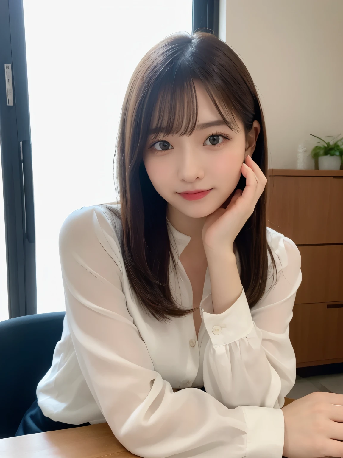 Tabletop, Highest quality, Very detailed, finely, High resolution, 8K Wallpaper, Perfect dynamic composition, beauty、8-year-old、Tap on the shoulder、Beautiful and detailed,Small face、Pure girl、thin、Thin body、thin、White business shirt、Natural color lip,office, Get to your desk、A lot of paperwork on the desk,、Operate a computer and do work、Hit the keyboard、My eyes are on the desktop、 Brown Hair、Short Bob、bangs、Beautiful breasts,thin体型、 Stern expression、