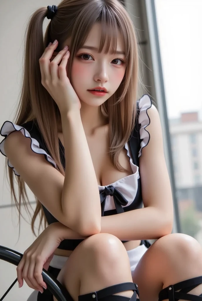 (((Lie down on the bed、Staring at the opposite sex and seducing))), ((Arms folded, face down:1.3))、blush、(Staring at the viewer with a sad expression)、((I see cute clothes:1.2))、Detailed eyes and face、Professional photography techniques、The right move、((Sexy shot))