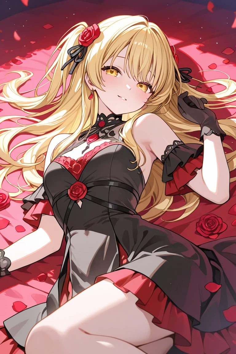 One blonde girl、red eyes、robe blanche、Bright red rose
