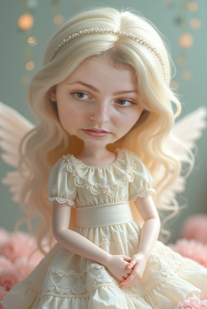 A beautiful 6-year-old blonde girl dressed as an angel with white wings and a halo on her head, de uma menina anjo bonita, menina com asas de anjo, menina do anjo, anjos em vestidos de gaze branca, usando halo de anjo, asas de anjo grande bem aberto, anjo, envolvendo o rosto coberto de halo de anjo, girl-centered panoramic view, fotos de corpo inteiro, de anjo lindo