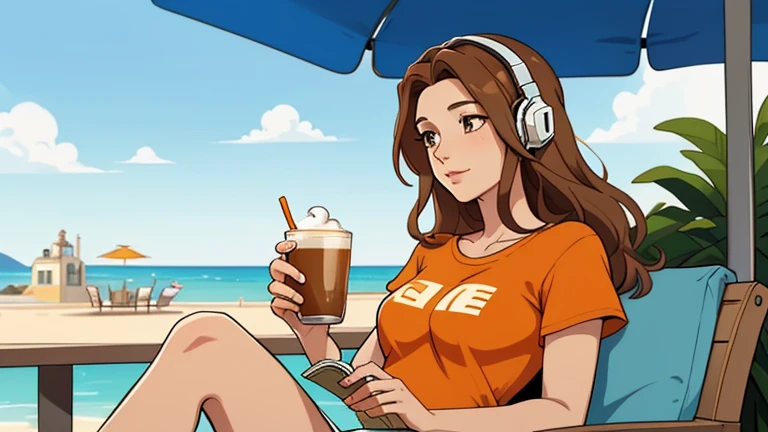 ((masterpiece)), ((best quality)), 8k, high detailed, ultra-detailed, A woman in a bikini at the beach, (large breasts:1.3), full body shot, wearing beach accessories, enjoying coffee, listening to music with headphones, evening setting, lofi atmosphere, woman, bikini, beach accessories, coffee, headphones, evening, lofi vibe