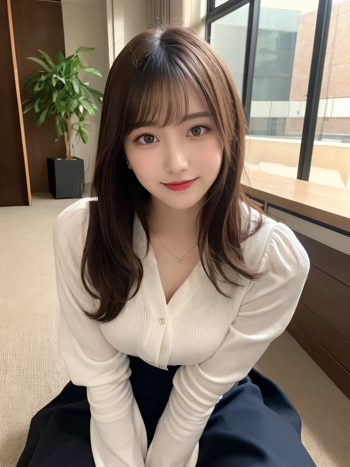 finely, High resolution, high quality、perfect dynamic composition, 15 year old girl、young face、neat and cute girl、detailed and beautiful eyes, double eyelid、light brown layered cut、straight hair、bangs、Sit in front of your computer monitor、sit on a chair、looked back、long legs、despise、natural color lip, 1 person、neat and cute girl、清楚でyoung face、transparent skin、white skin、Bedroom、in the room、Snazzy clothes、Shibuya Ward、room wear、Snazzy、beautiful feet、thin legs、shake your head、Hey hey smile、slight smile、despise、Condescending、Laughed