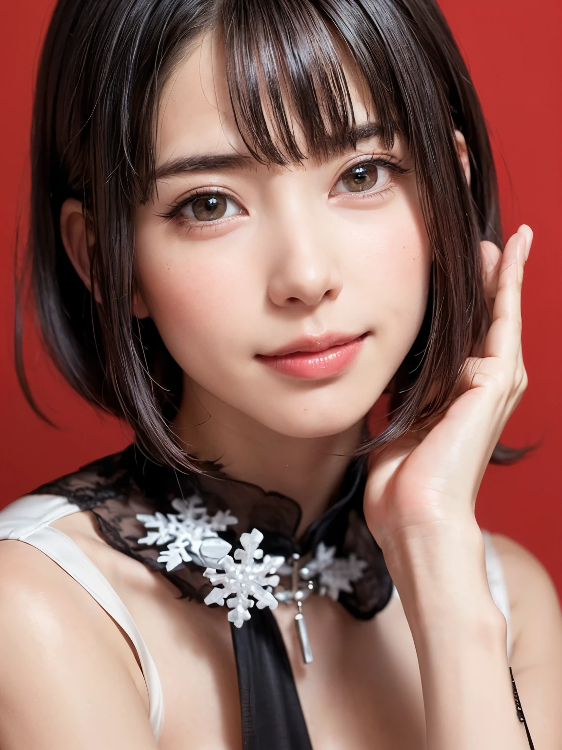 (software:1.8、masterpiece, highest quality),1 girl, alone, have, realistic, realistic, looking at the viewer, bright hazel eyes:1.6, Brunette short bob hair with highly detailed shiny hair, short hair:1.8、Beautiful face in symmetry、spring clothes:1.6, Whity, lips, bangs, outdoor, closed mouth, Upper body、Big eyes、eyelash、((Very simple light red background:1.8))、(((bangsのあるshort hair、Big eyes、big and full 胸、look at the audience、beautiful beauty、show me your ears、long neck、smile、please close your mouth and smile)))、ideal body proportions、((({Huge|big|Hugeな|mega} Chest 2, cleavage:2、幸せなsmile、beautiful teeth、)))