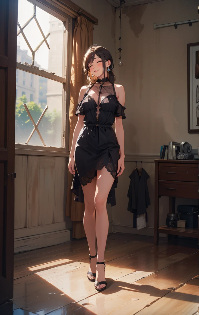 8k HD resolution, (masterpiece), best quality, expressive eyes, perfect face, Higly detailed, Professional art, vivid colours, 135 lens, natural lighting, ((bokeh)), (depth of field), Concept: Anime waifu whose eyes are particularly striking and captivating, wearing (daringly cleavage modern European artistic style colourful insanely short hyper-loose glittery strapless dress made by real flowers), masterpiece luminescent anime style drawing, intricate details, [Composition: a striking eyed straight cut short bangs (two) japanese modern style strictly tightened back head bun and straight black haired, hyper-fair skin, hyper-detailed eyes anime character standing and looking shyly in the middle of the room, sunset lighs coming through one particular window] full body art, sensual anime woman, anime illustration, beautiful anime artwork, anime artwork, sharp, high quality fabric, [Mai yoneyama artistic style hyper-detailed background], higly detailed painting of a anime waifu by award winning artist painting aiting