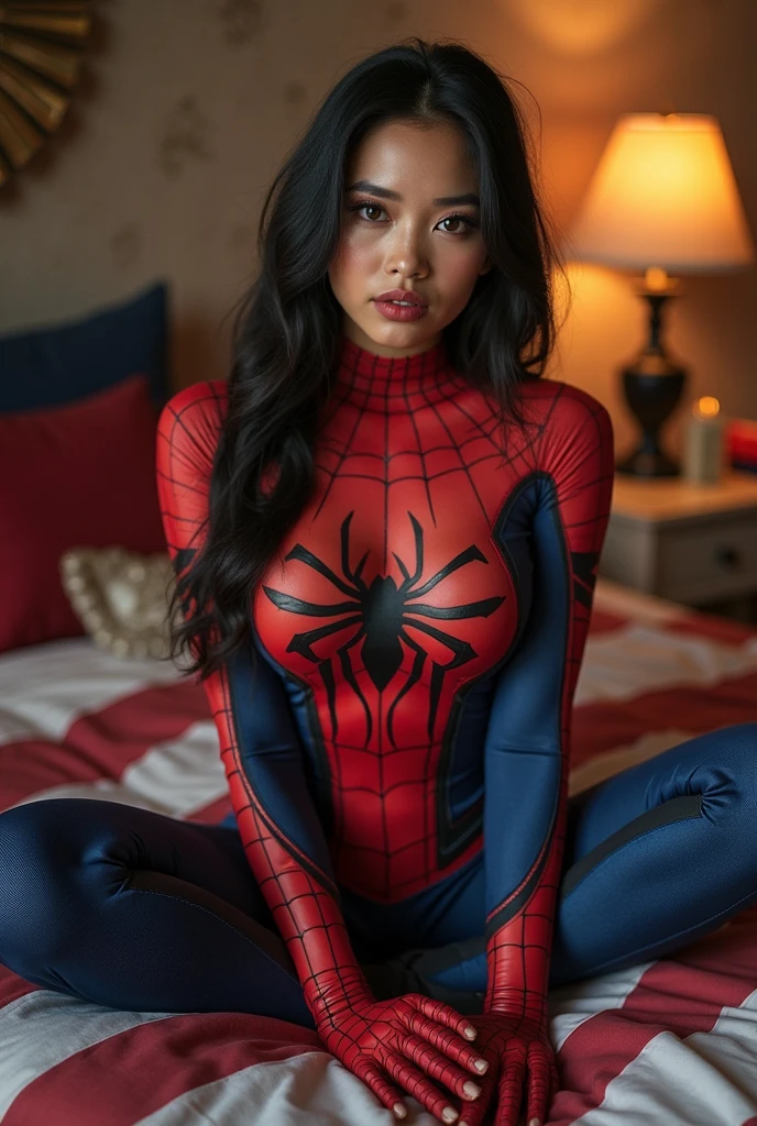 1 girl, spider-man costumes, tigh, big-breasts, chinese, laying on sofa, sleeping, wet costumes