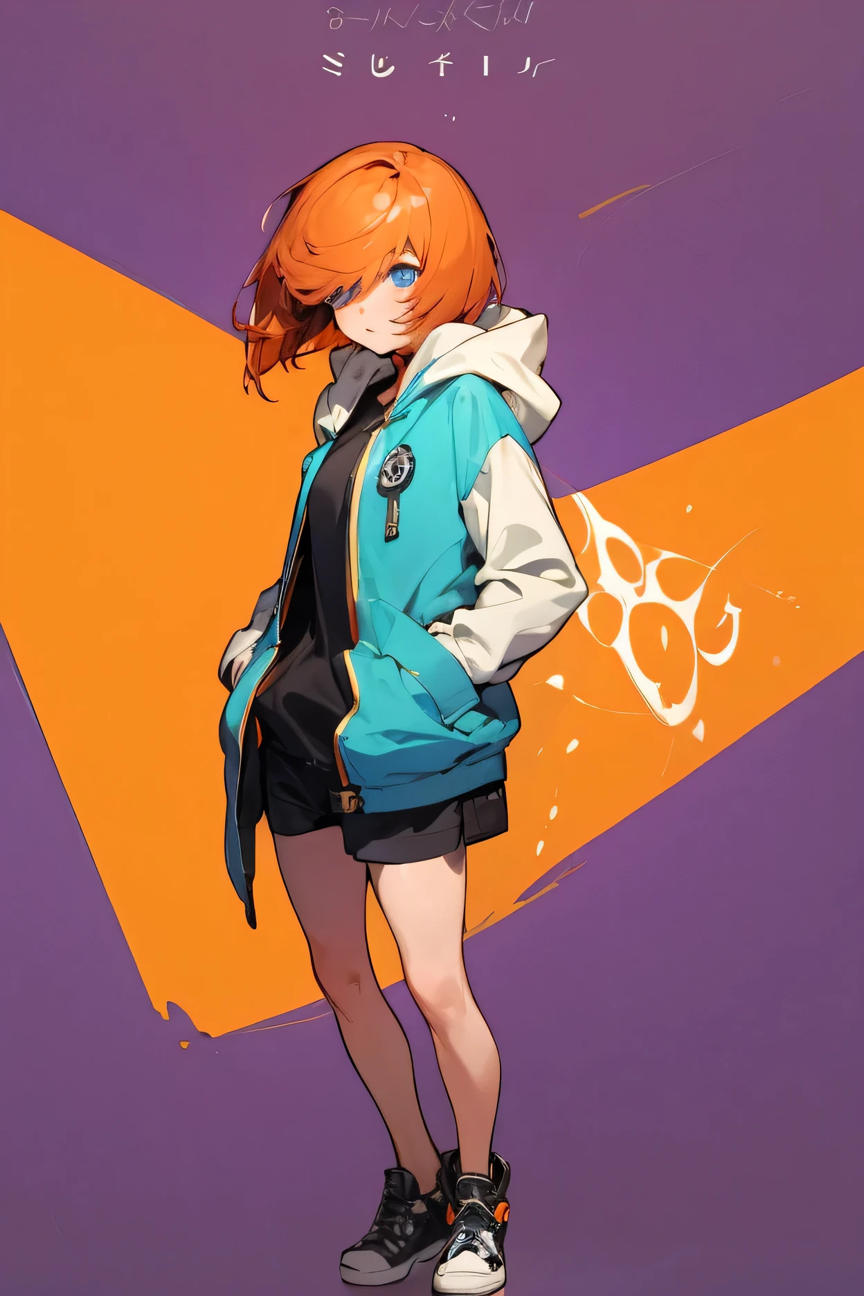 full body, nerdy young anime girl, ((short orange hair with bangs that cover eyes)), blue eyes, wearing casual clothes, Hoodie and shorts, psycho pass style, guilty gear strive splash art, trigger anime artstyle, high quality anime artstyle, female anime character, 1girl, simple background
