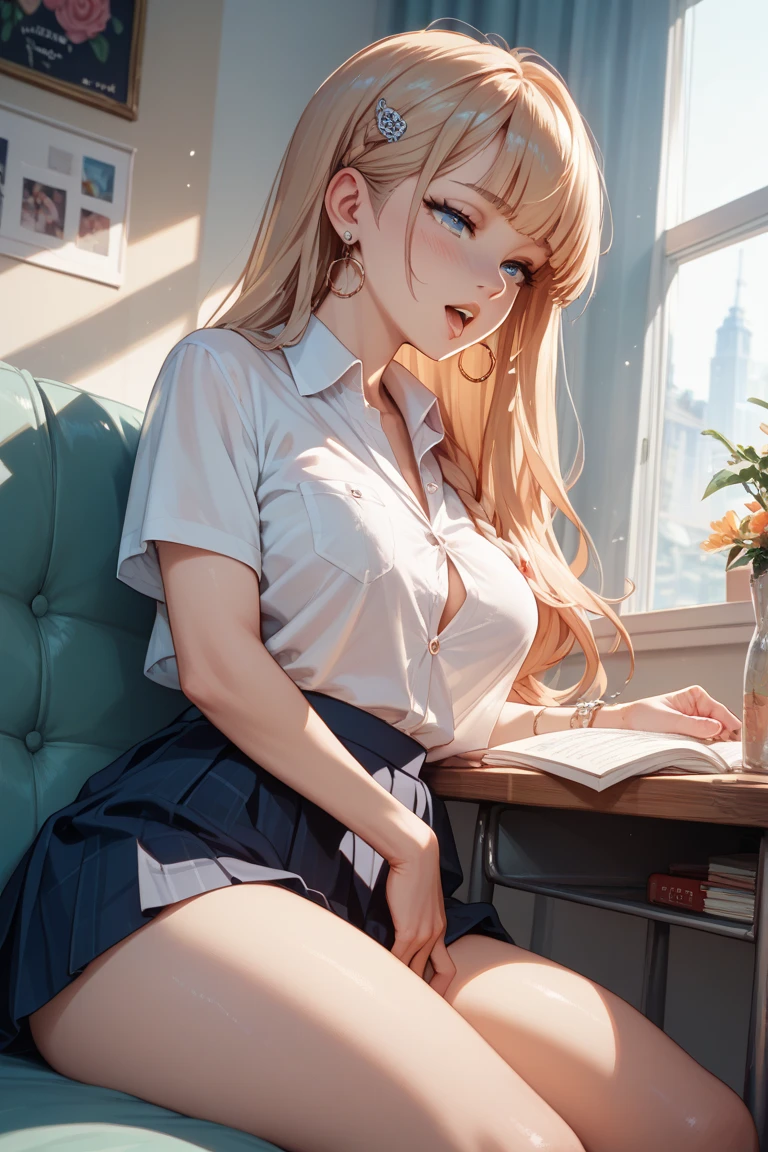 (hight resolution,8K,Best Quality:1.2),Beautiful College Student,Seductively tall, Campus beauty, Proud, exotic beauty, Rich heirs, Medium length hair, Blonde hair, Denim skirt, high-heels, art studio, Painting, Easel, stool, Sitting on Stool, Focus on creating artwork Super Super Mini Skirt Kukkirisy Pink ed Exposed erectile nipple