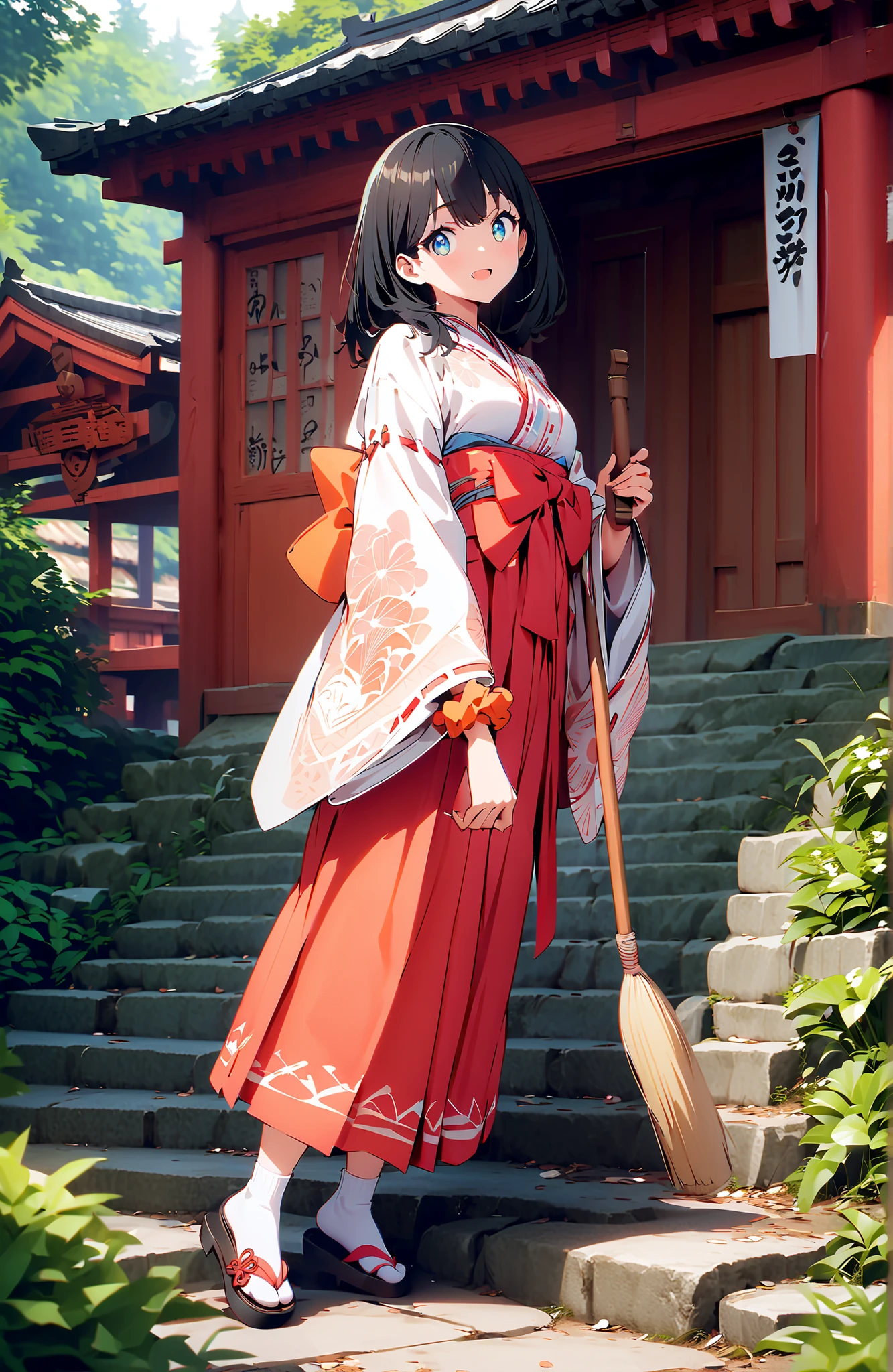 score_9, score_8_up, score_7_up, source_anime, It's because of Rikkata, black hair with a young pattern, blue eyes, MEDIUM HAIR, orange scrunch, scrunchie, Wrist Scrunches , smile,cover,Open Your Mouth,Orange wrist scrunch, Shrine maiden, kimono, object, Red Hakama Skirt , Wide Sleeves, long sleeve, ribbon trim sleeve,Sandals, white socks,holding a broom grip with both hands,cleaning, standing on a stone staircase,noon,full bodyがillustrationsに入るように,break outdoors, shrine,
break looking at viewer,full body,
break (masterpiece:1.2), Best Quality, high resolution, Unity 8k 壁紙, (illustrations:0.8), (beautiful detailed eyes:1.6), very detailed face, so that it fits into the illustration, Extremely Detailed CG, (perfect hand, perfect anatomy),