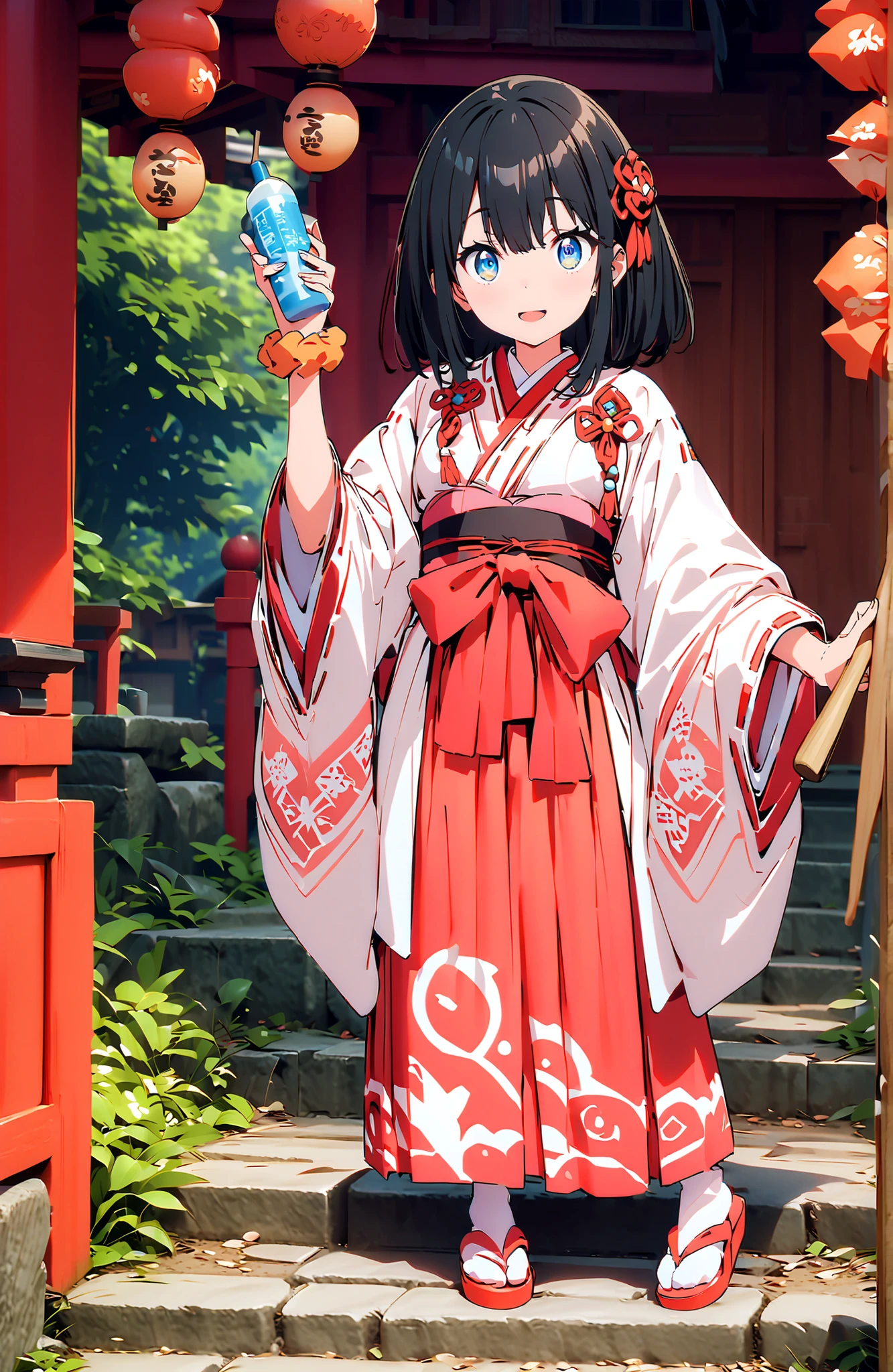 score_9, score_8_up, score_7_up, source_anime, It's because of Rikkata, black hair with a young pattern, blue eyes, MEDIUM HAIR, orange scrunch, scrunchie, Wrist Scrunches , smile,cover,Open Your Mouth,Orange wrist scrunch, Shrine maiden, kimono, object, Red Hakama Skirt , Wide Sleeves, long sleeve, ribbon trim sleeve,Sandals, white socks,holding a broom grip with both hands,cleaning, standing on a stone staircase,noon,full bodyがillustrationsに入るように,break outdoors, shrine,
break looking at viewer,full body,
break (masterpiece:1.2), Best Quality, high resolution, Unity 8k 壁紙, (illustrations:0.8), (beautiful detailed eyes:1.6), very detailed face, so that it fits into the illustration, Extremely Detailed CG, (perfect hand, perfect anatomy),