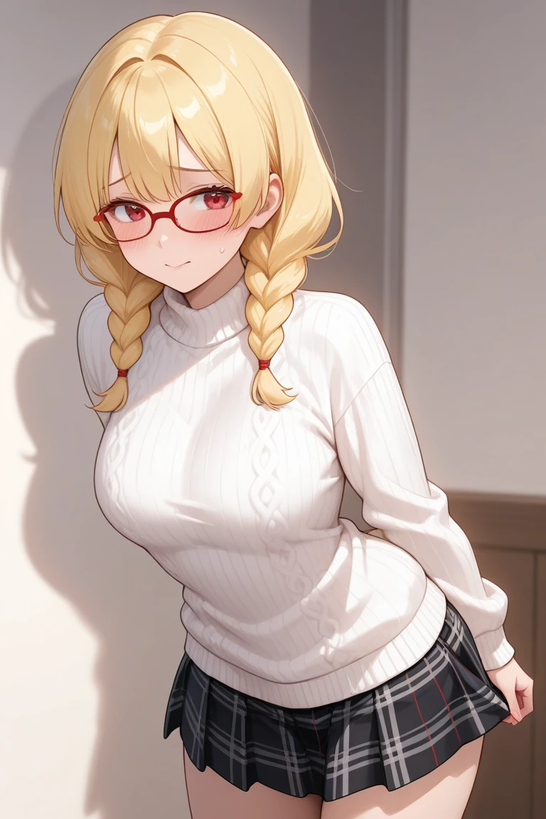 A studious student, with a bookish, intellectual style. She wears glasses perched on her nose, with her hair pulled back in a neat bun. She wears a cozy sweater over a collared shirt, paired with a plaid skirt and knee-high socks, big tits, deep cleavage, bare tummy, thick thighs, slim waist, erotic expression. She carries a stack of books under one arm, exuding a sense of intelligence and curiosity.