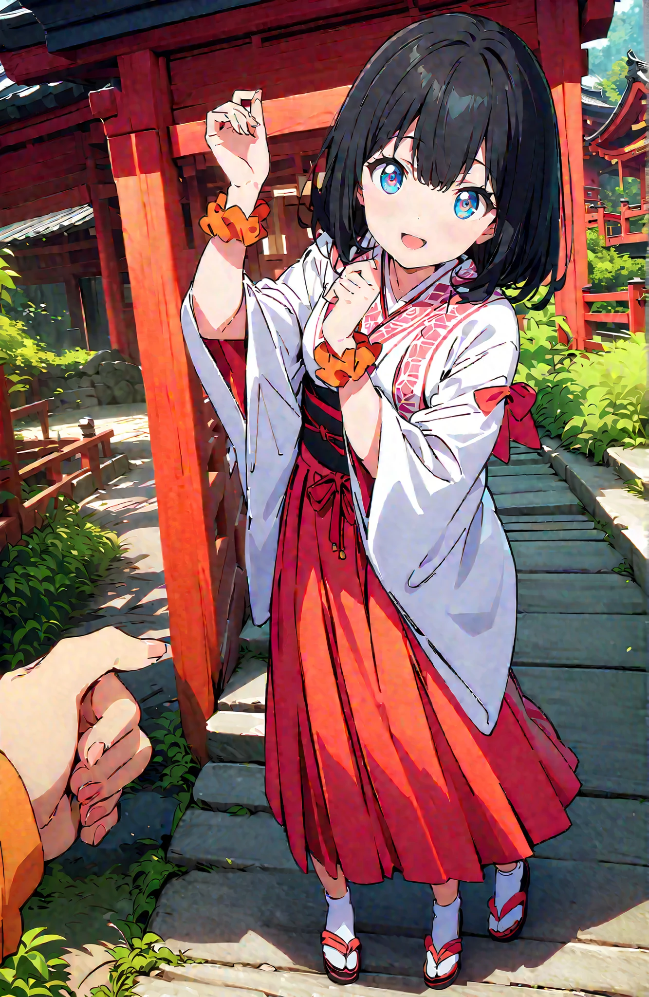 score_9, score_8_up, score_7_up, source_anime, It's because of Rikkata, black hair with a young pattern, blue eyes, MEDIUM HAIR, orange scrunch, scrunchie, Wrist Scrunches , smile,cover,Open Your Mouth,Orange wrist scrunch, Shrine maiden, kimono, object, Red Hakama Skirt , Wide Sleeves, long sleeve, ribbon trim sleeve,Sandals, white socks, standing on a stone staircase,noon,full bodyがillustrationsに入るように,break outdoors, shrine,
break looking at viewer,full body,
break (masterpiece:1.2), Best Quality, high resolution, Unity 8k 壁紙, (illustrations:0.8), (beautiful detailed eyes:1.6), very detailed face, so that it fits into the illustration, Extremely Detailed CG, (perfect hand, perfect anatomy),