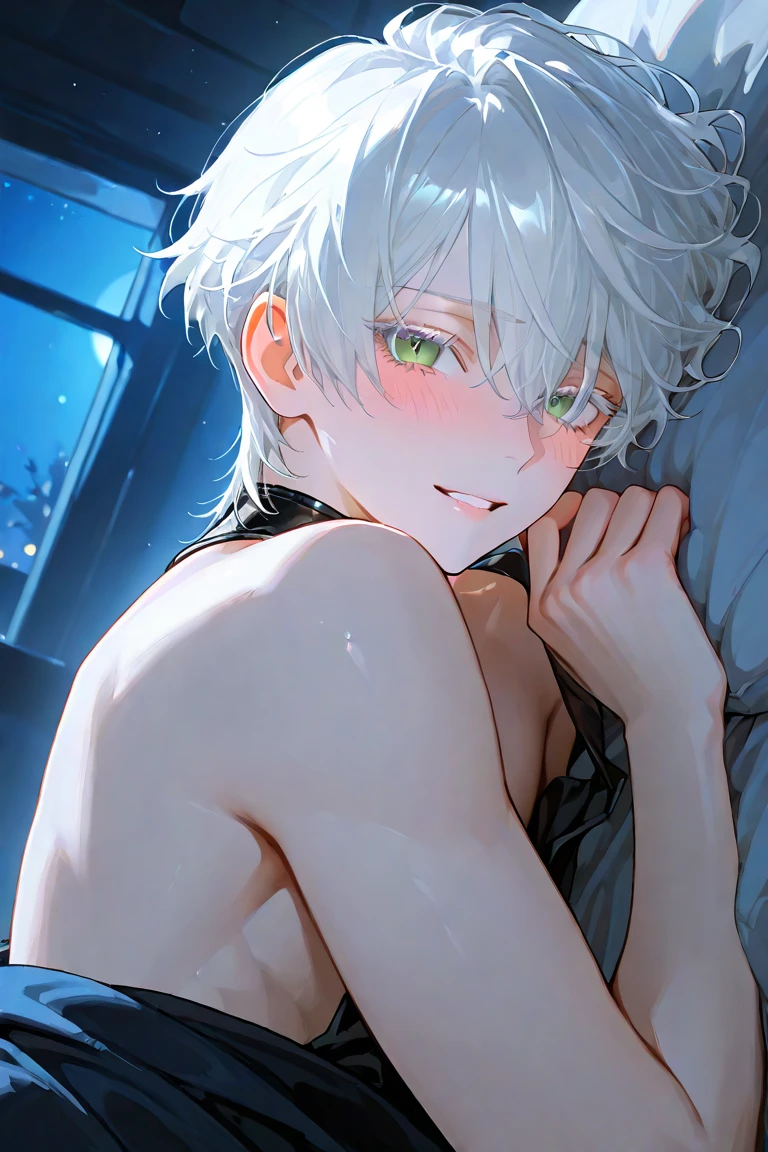 1boy, zoom out, full body, male focus, highschool boy, beautiful boy, short white hair, small red droopy eyes, he has fair skin, he is naked, he is slender, slender body, he is smiling, he is wearing a turtle neck pullover, he is not wearing pants, he is pulling his pullover up revealing his chest, he is spreading legs, erotic, absurdres, masterpiece, cinematic, detailed