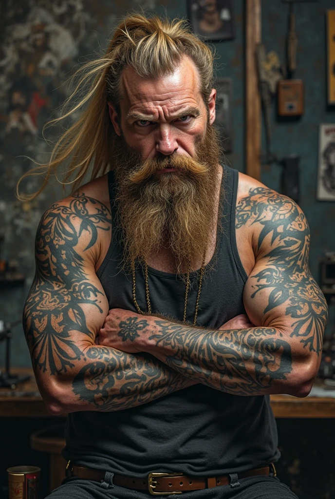 Perfect muscle god beard blonde beautiful blue eye viking tattoos.