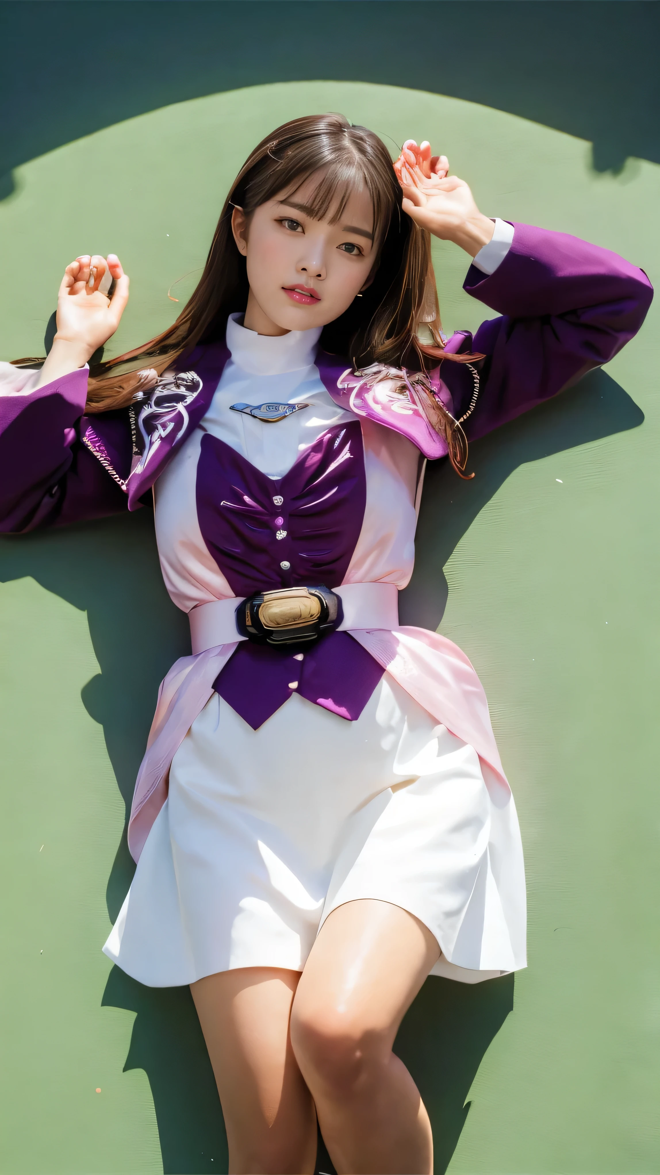 ( 高精細CG),( Best Quality ),((view from directly above)),((Composition showing the top from the knee)),((black room background with no lights)),((1girl)), completely complete, shiny skin ,wide hips , thin waist, purple bolero jacket,((white skirt)),long sleeve , pink belt,((brown hair color )),straight long hair,((Composition showing the part above the knee where the eyebrows are bent in the shape of a C )),((lying on your back on the ground)),