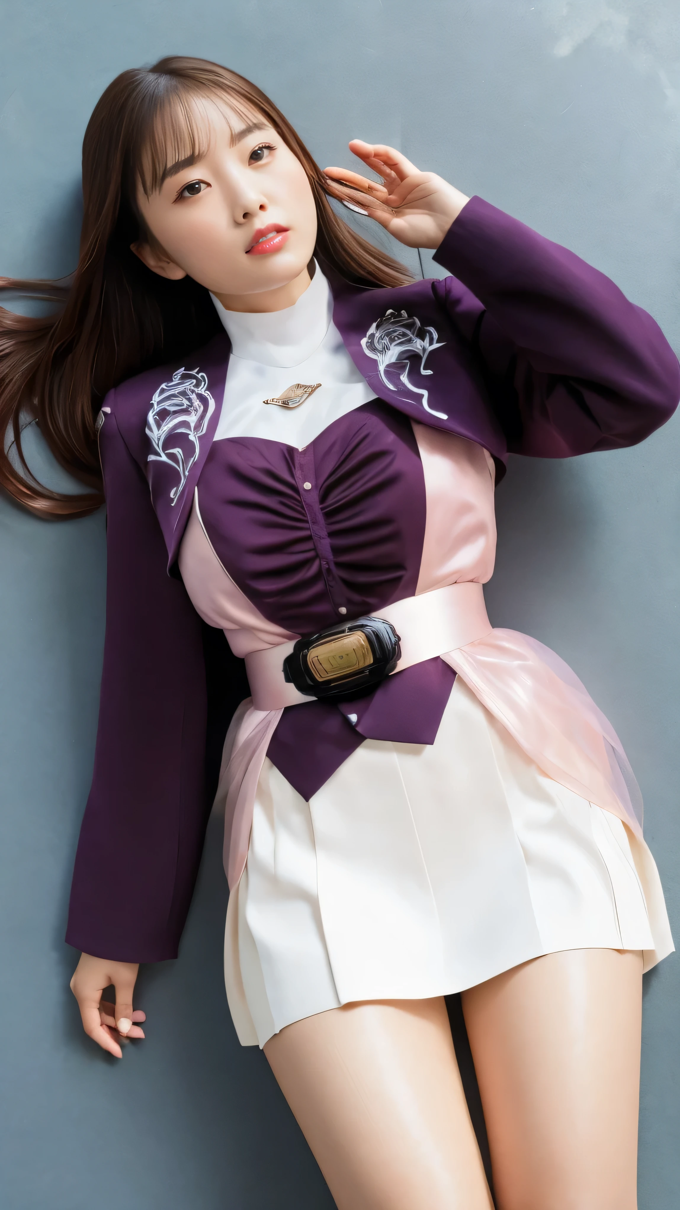 ( 高精細CG),( Best Quality ),((view from directly above)),((Composition showing the top from the knee)),((black room background with no lights)),((1girl)), completely complete, shiny skin ,wide hips , thin waist, purple bolero jacket,((white skirt)),long sleeve , pink belt,((brown hair color )),straight long hair,((Composition showing the part above the knee where the eyebrows are bent in the shape of a C )),((lying on your back on the ground)),