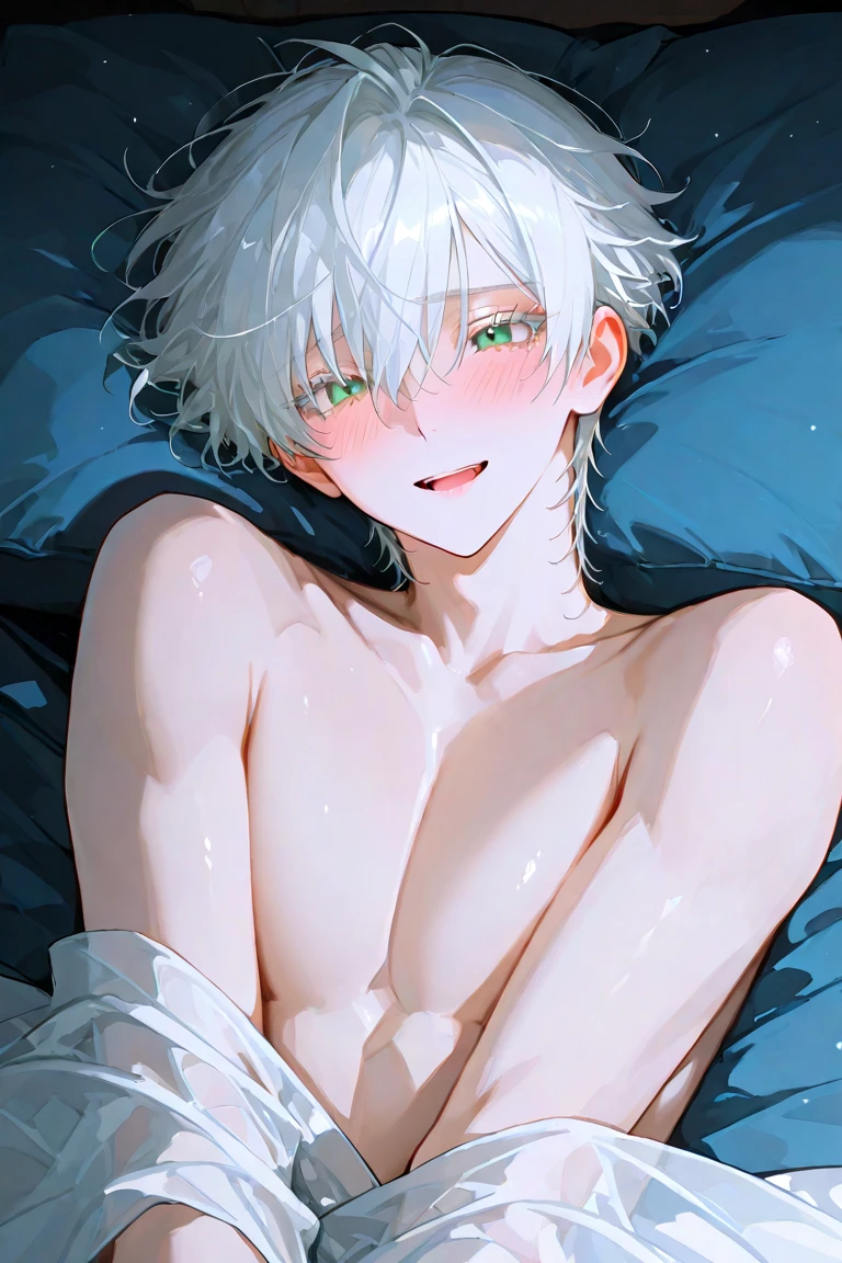 a young boy with white hair, yaoi, on a futon, gagged, sex,hands tied, school bag, rape, (((hand job,nipples, intense ejaculation)))