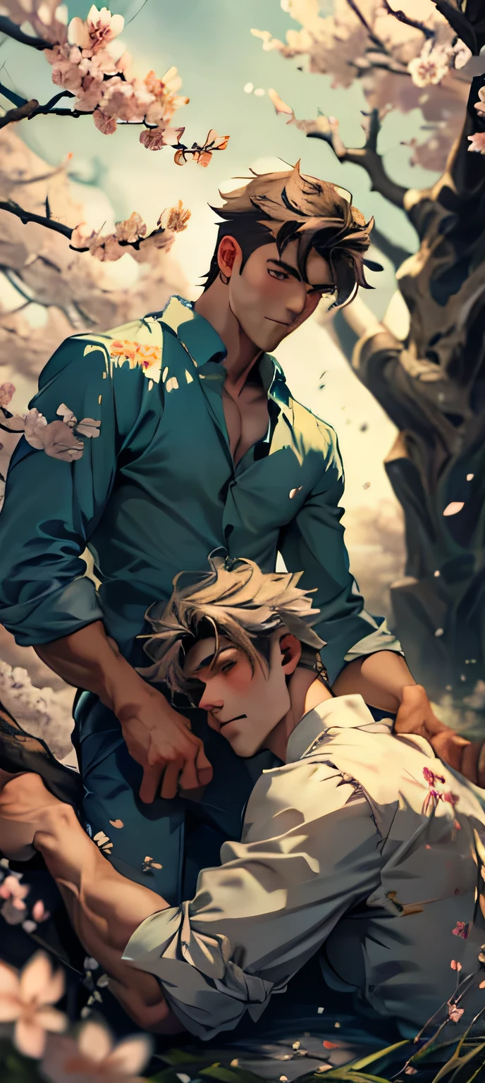 Two handsome young men resting under cherry blossoms