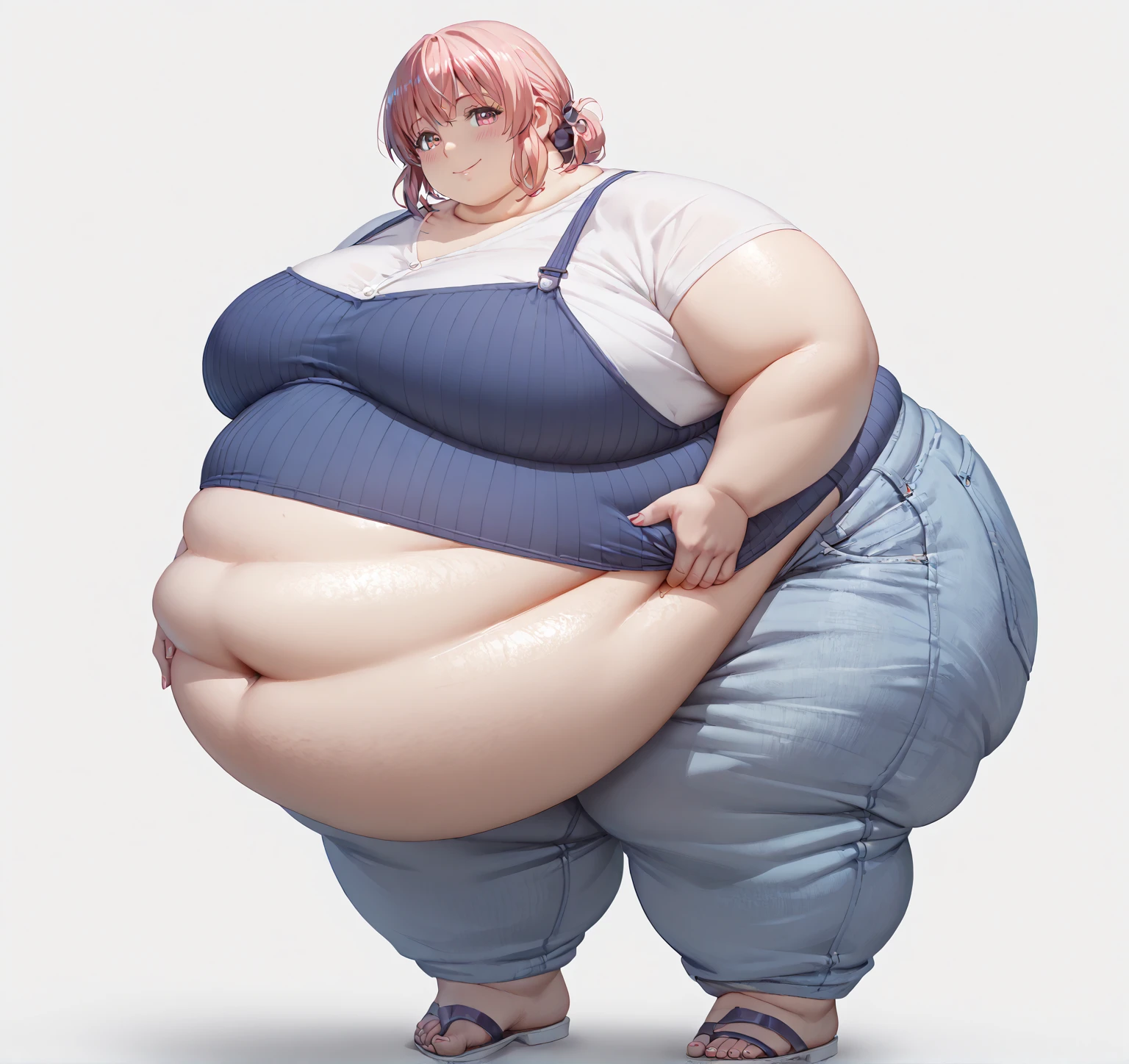 (Morbidly obese body:1.2)(Fat neck and chin:1.3)(Obese:1.1),fat, Slightly chubby, sad, farm backround, Full body, looking at viewer, 1girl, solo, short pink hair, (dark blue choker), (dark blue denim overalls), (purple eyes), (pink boots), (white shoulder lantern sleeve blouse, tucked in pants