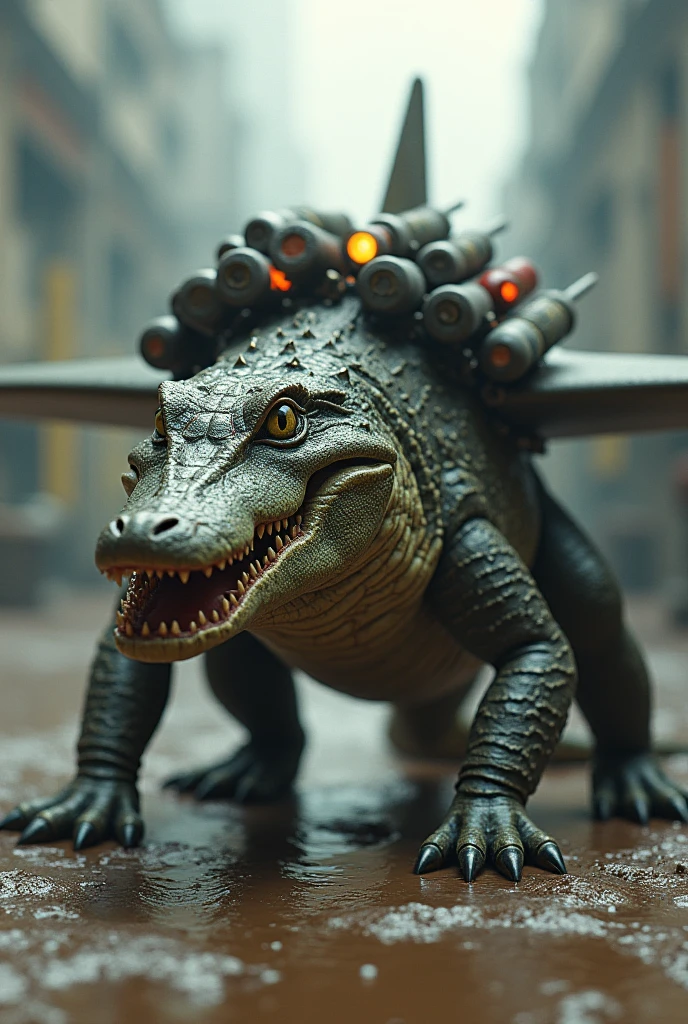 A crocodile with bombs and an airplane body