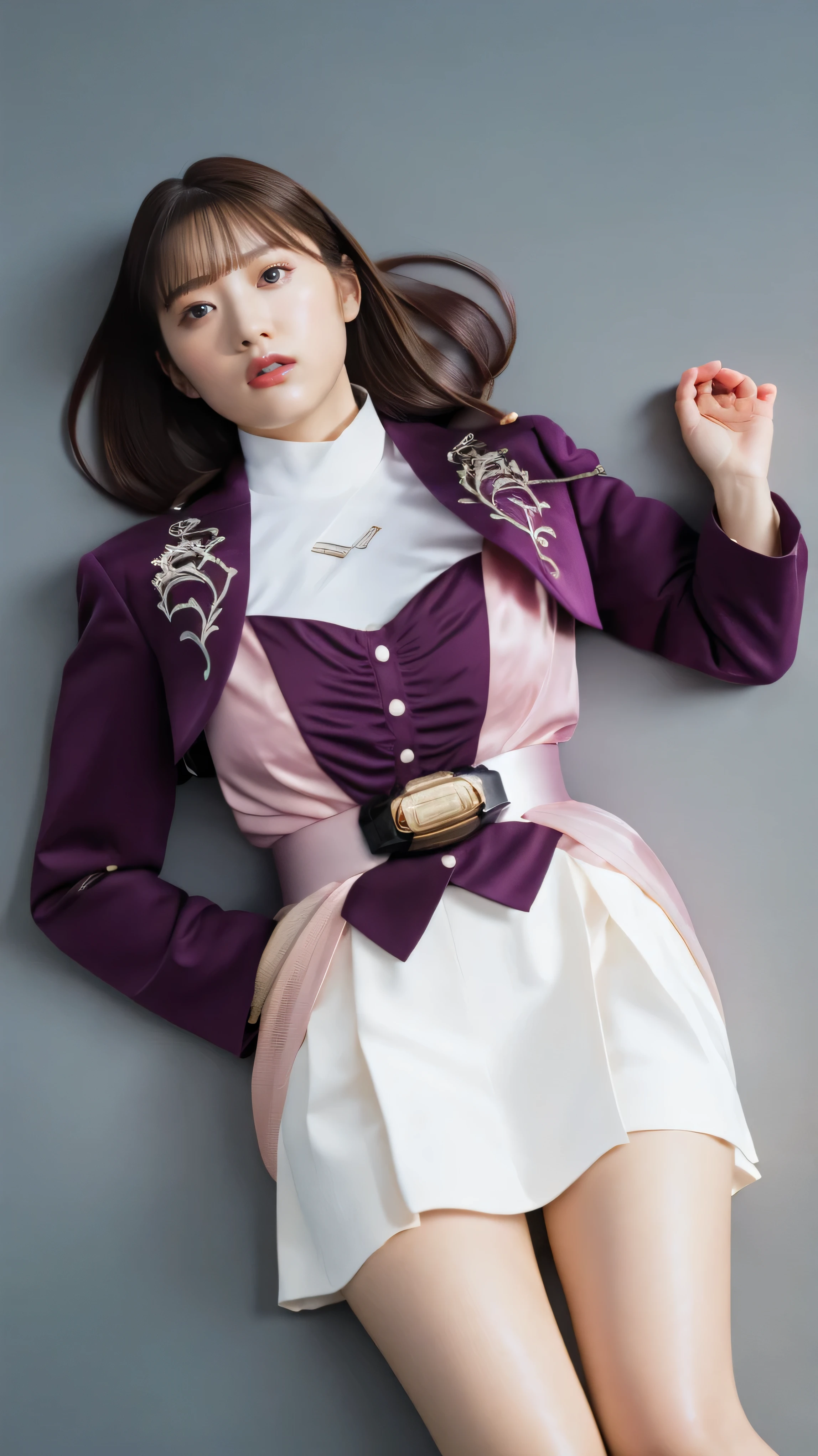 ( 高精細CG),( Best Quality ),((view from directly above)),((Composition showing the top from the knee)),((black room background with no lights)),((1girl)), completely complete, shiny skin ,wide hips , thin waist, purple bolero jacket,((white skirt)),long sleeve , pink belt,((brown hair color )),straight long hair,((Composition showing the part above the knee where the eyebrows are bent in the shape of a C )),((lying on your back on the ground)),