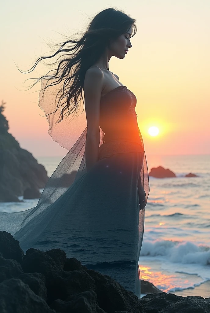 Mujer en la playa muy bella, con facciones muy detalladas y esteticas, en el atardecer