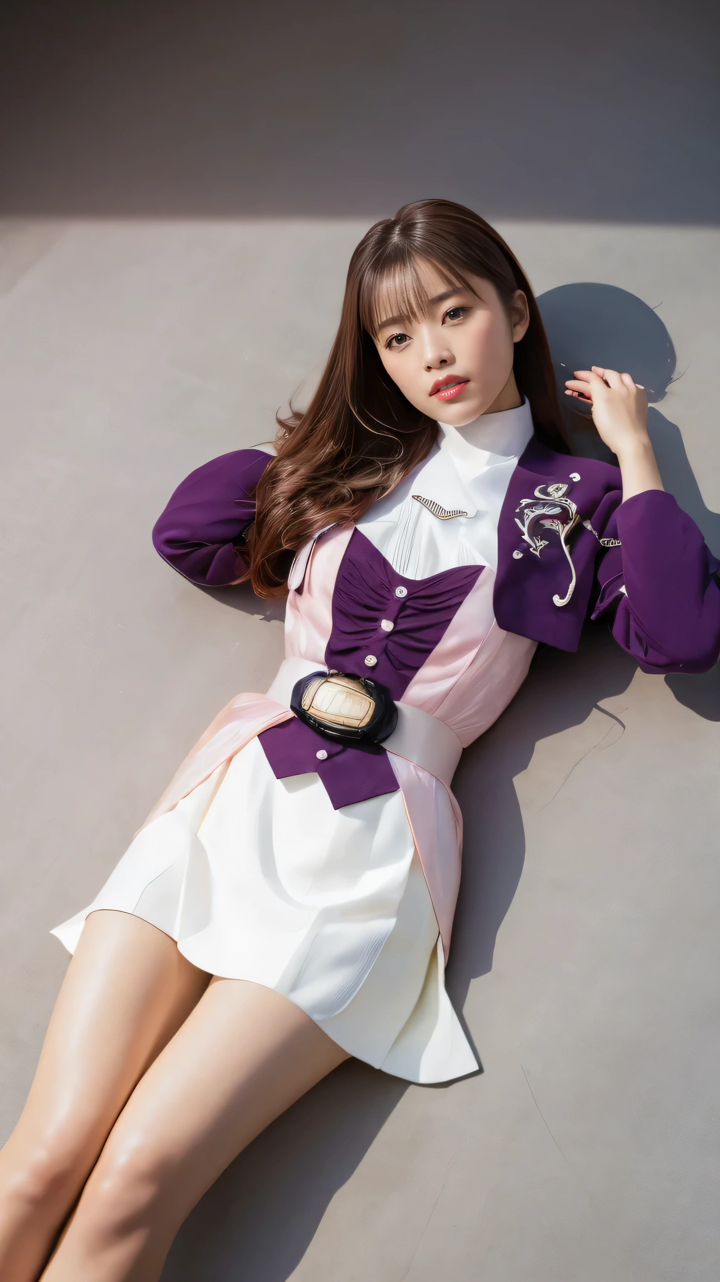 ( 高精細CG),( Best Quality ),((view from directly above)),((Composition showing the top from the knee)),((black room background with no lights)),((1girl)), completely complete, shiny skin ,wide hips , thin waist, purple bolero jacket,((white skirt)),long sleeve , pink belt,((brown hair color )),straight long hair,((Composition showing the part above the knee where the eyebrows are bent in the shape of a C )),((lying on your back on the ground)),