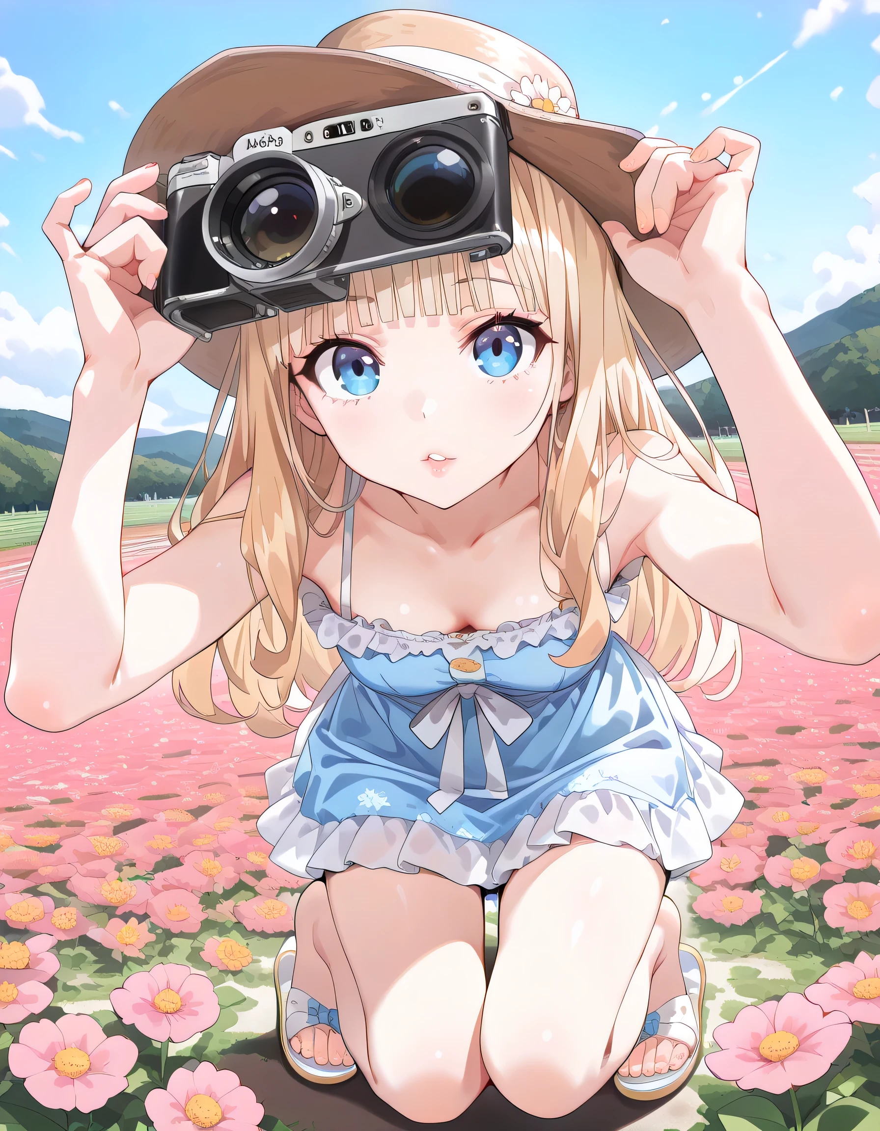 4k, masterpiece, artistic, Pokemon-Character-May, camera from side, extremely short red skirt lifted-upwards in the wind, no-panties, exposed butt, bending forwards away from camera, camera slightly angled sideways, topless breasts hanging down, head tilted sideways smiling, red hat, pulled-up black top exposing breasts, surpised expression, mythical forest hidden spring background