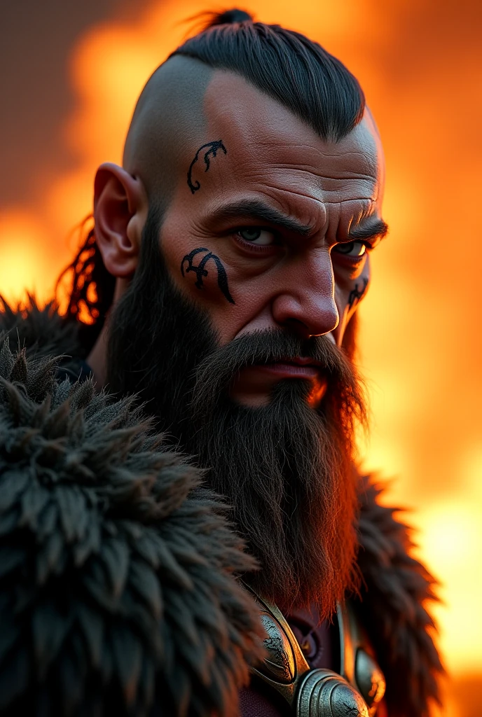 Generate a highly detailed, close-up of a fierce portrait, battle-hardened warrior god of war with a shaved head and a thick, unkempt beard. The warrior has red war paint scribbles across his face and intense, glowing yellow eyes that exude power. Your skin is rough, with scars and dirt from countless battles. He wears dark, worn armor., with fur details. the atmosphere is dark and sandy, with embers and sparks flying around, creating a sense of danger and intensity."