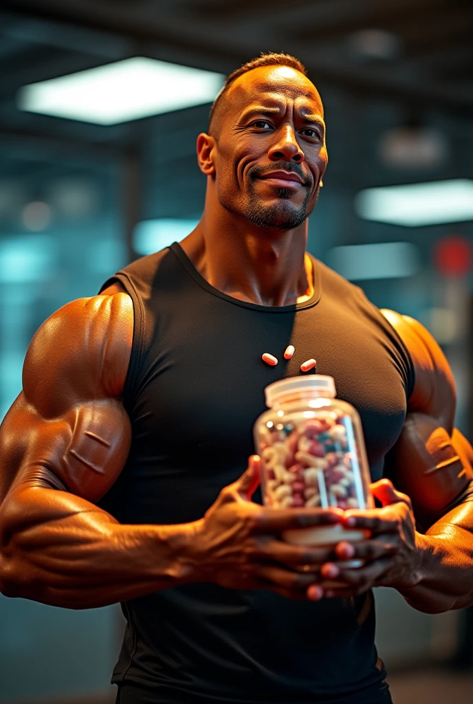 "In the gym, a man clad in athletic pants stands with a protein shake in hand, his upper body revealing well-defined muscles glistening with sweat. With a focused expression, he takes a sip of his protein shake, replenishing his body after a rigorous workout session." Proteins shake in bottle in his hand transperant bootle with protein shake