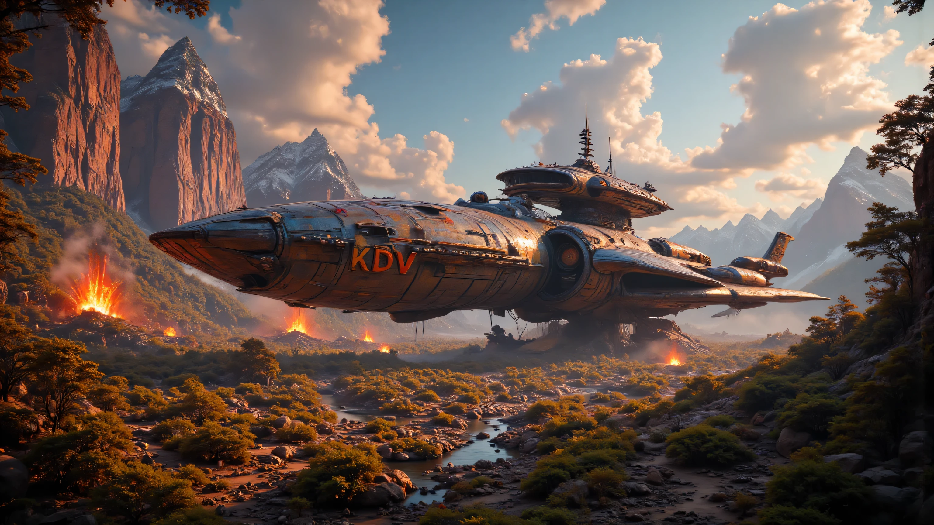 a big futuristic spaceship with imprint 'KDV' parked on an alien planet, realistic, hyper detailed, 8k, photorealistic, cinematic lighting, lush exotic foliage, towering mountains, glowing crystals,dramatic clouds,warm lighting