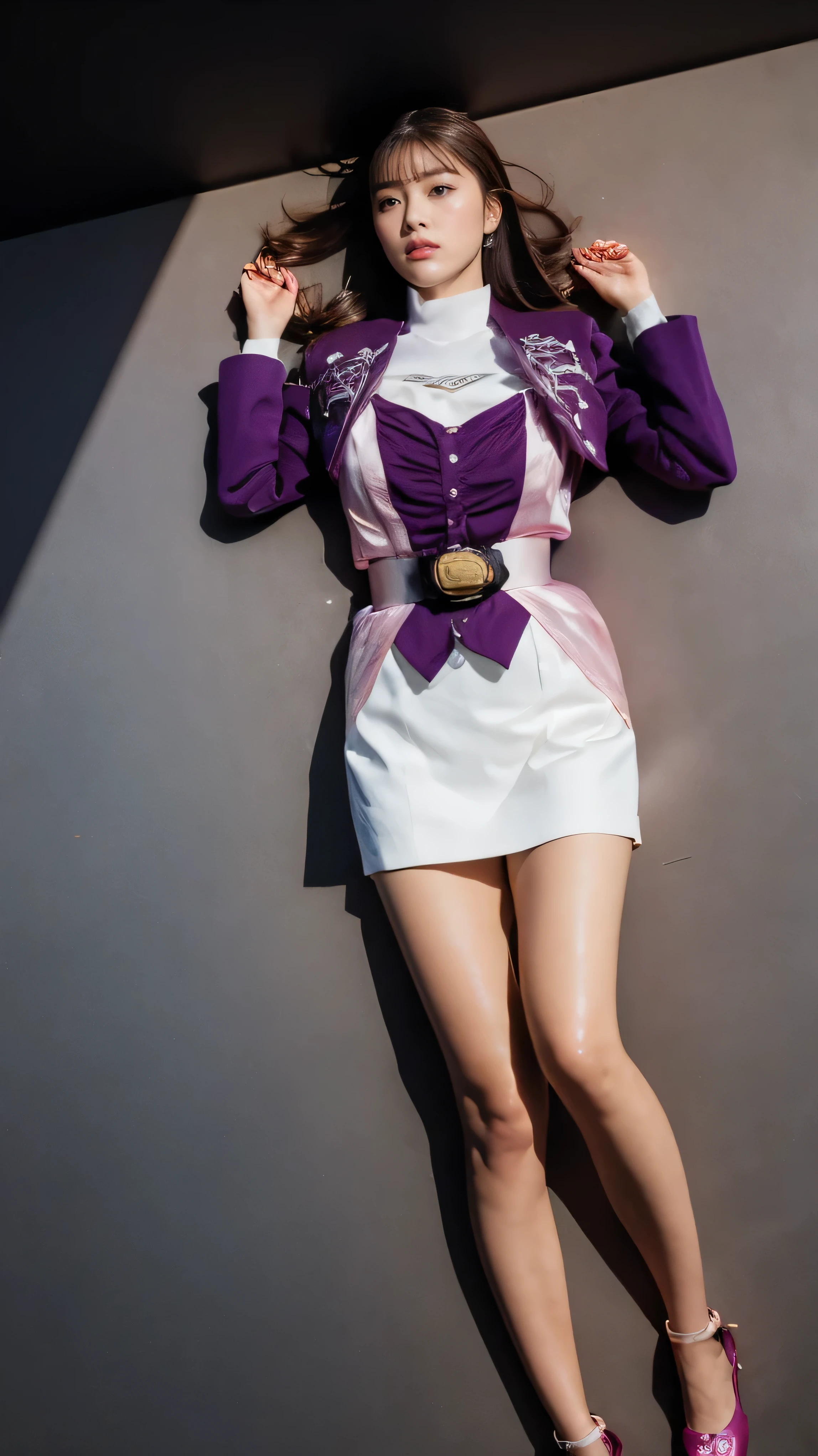 ( 高精細CG),( Best Quality ),((view from directly above)),((Composition showing the top from the knee)),((black room background with no lights)),((1girl)), completely complete, shiny skin ,wide hips , thin waist, purple bolero jacket,((white skirt)),long sleeve , pink belt,((brown hair color )),straight long hair,((Composition showing the part above the knee where the eyebrows are bent in the shape of a C )),((lying on your back on the ground)),