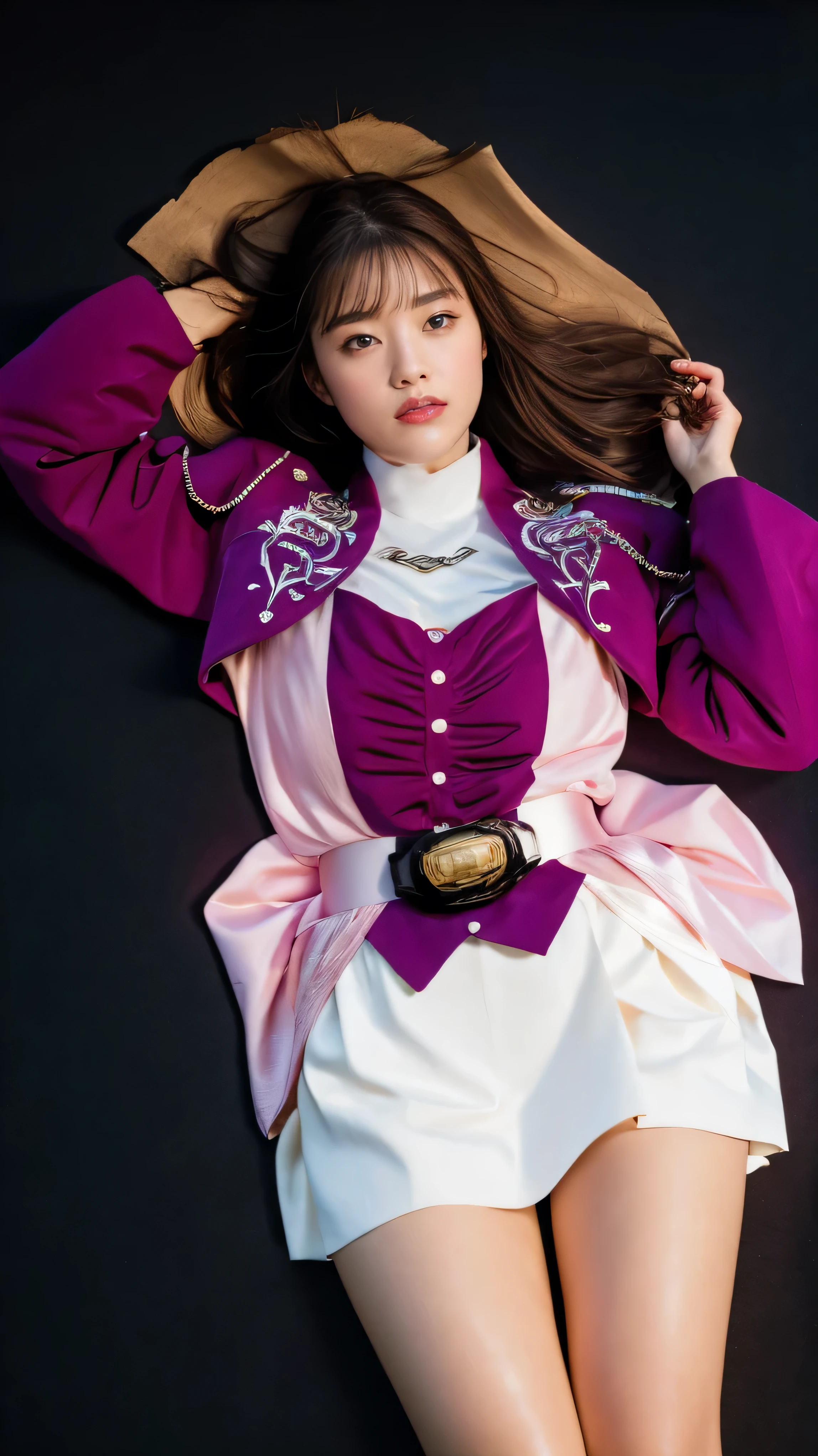 ( 高精細CG),( Best Quality ),((view from directly above)),((Composition showing the top from the knee)),((black room background with no lights)),((1girl)), completely complete, shiny skin ,wide hips , thin waist, purple bolero jacket,((white skirt)),long sleeve , pink belt,((brown hair color )),straight long hair,((Composition showing the part above the knee where the eyebrows are bent in the shape of a C )),((lying on your back on the ground)),