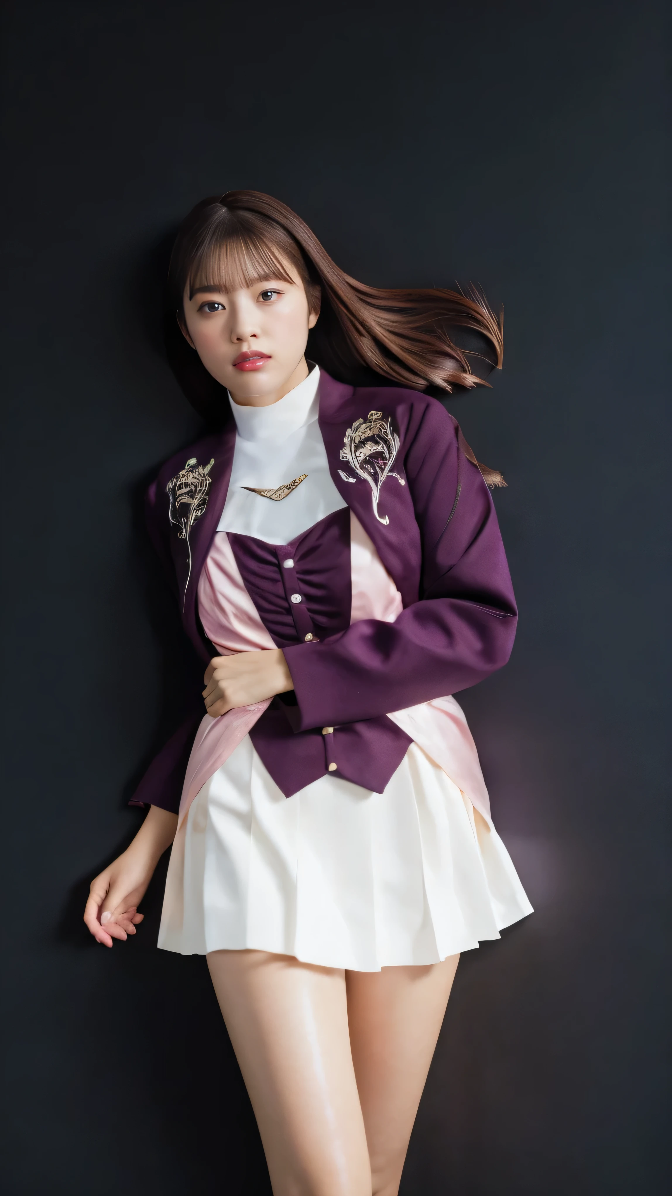 ( 高精細CG),( Best Quality ),((Composition showing the top from the knee)),((black room background with no lights)),((1girl)), completely complete, shiny skin ,wide hips , thin waist, purple bolero jacket,((white skirt)),long sleeve , pink belt,((brown hair color )),straight long hair,((Composition showing the part above the knee where the eyebrows are bent in the shape of a C )),((lying on your back on the ground)),