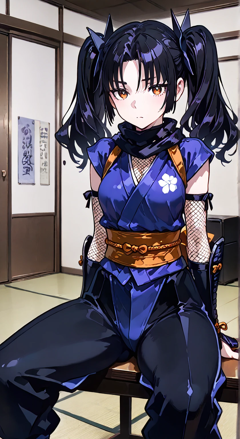 score_9, score_8_up, source_anime, 1girl, solo,This photo features a woman wearing traditional Indonesian attire with the following details:
Top: A modern blue kebaya with lace details and bead accents on the front. The kebaya has an open bottom cut and long sleeves.
Bottom: A long batik skirt with a complex traditional motif, predominantly black and white with gray and brown accents.
Shoes: Black open-heeled sandals.
Hair: Neatly styled in a bun with a few strands left loose at the front., (bound wirsts), (arms behind back), (tapegag, tape gag), dramatic,  (looking at viewer), (detailed pupils:1.3),pencil skirt ,red rope, thick rope,black hair, big breast 